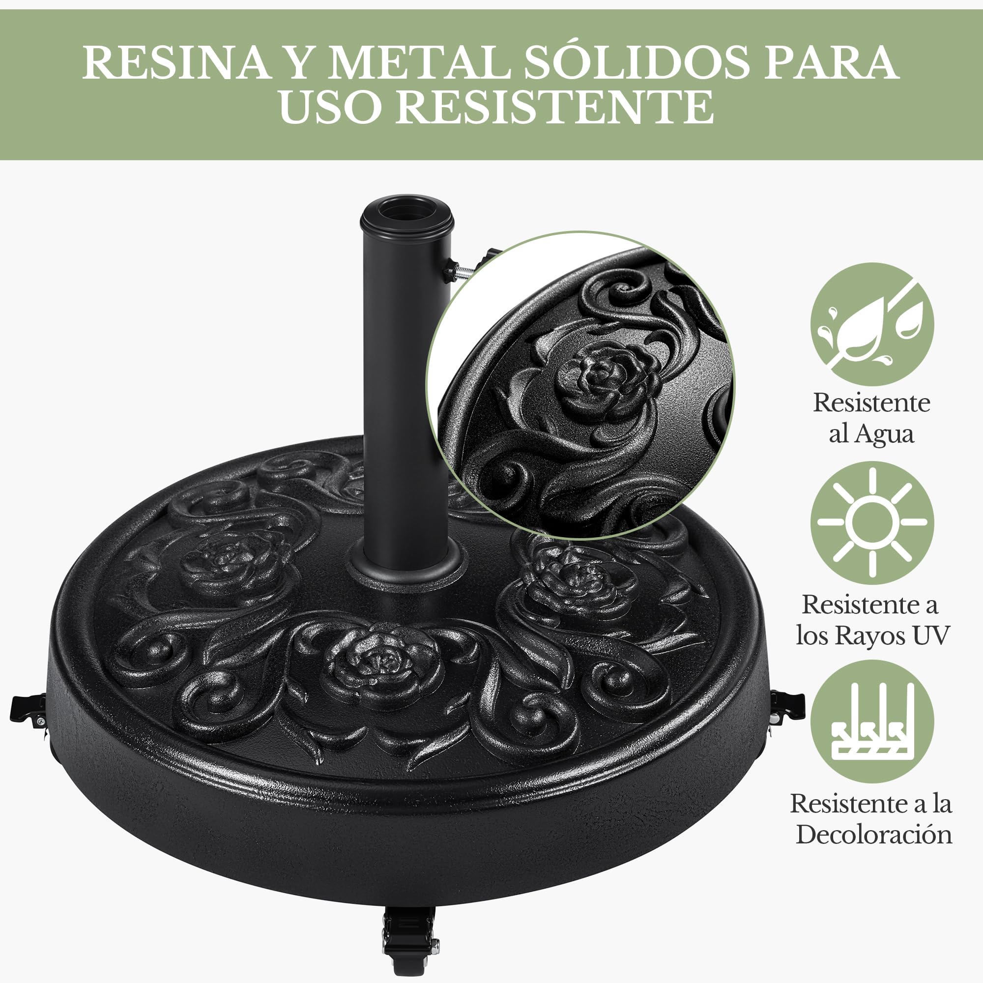 Yaheetech Base Redonda de Sombrilla con Ruedas Soporte para Parasol de 25 kg con Diseño Rústico Vintage de Rosas para Exteriores Playa Terraza (Negro)
