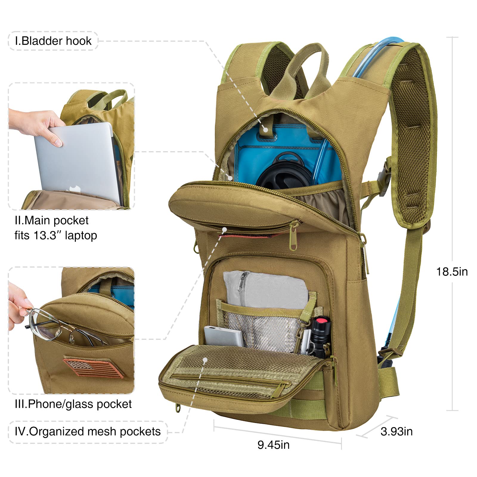 NOOLA Mochila de hidratación de 3 L, mochila de agua con vejiga de agua de TPU, paquete de hidratación para hombres y mujeres, perfecta para senderismo, ciclismo y caza, color marrón