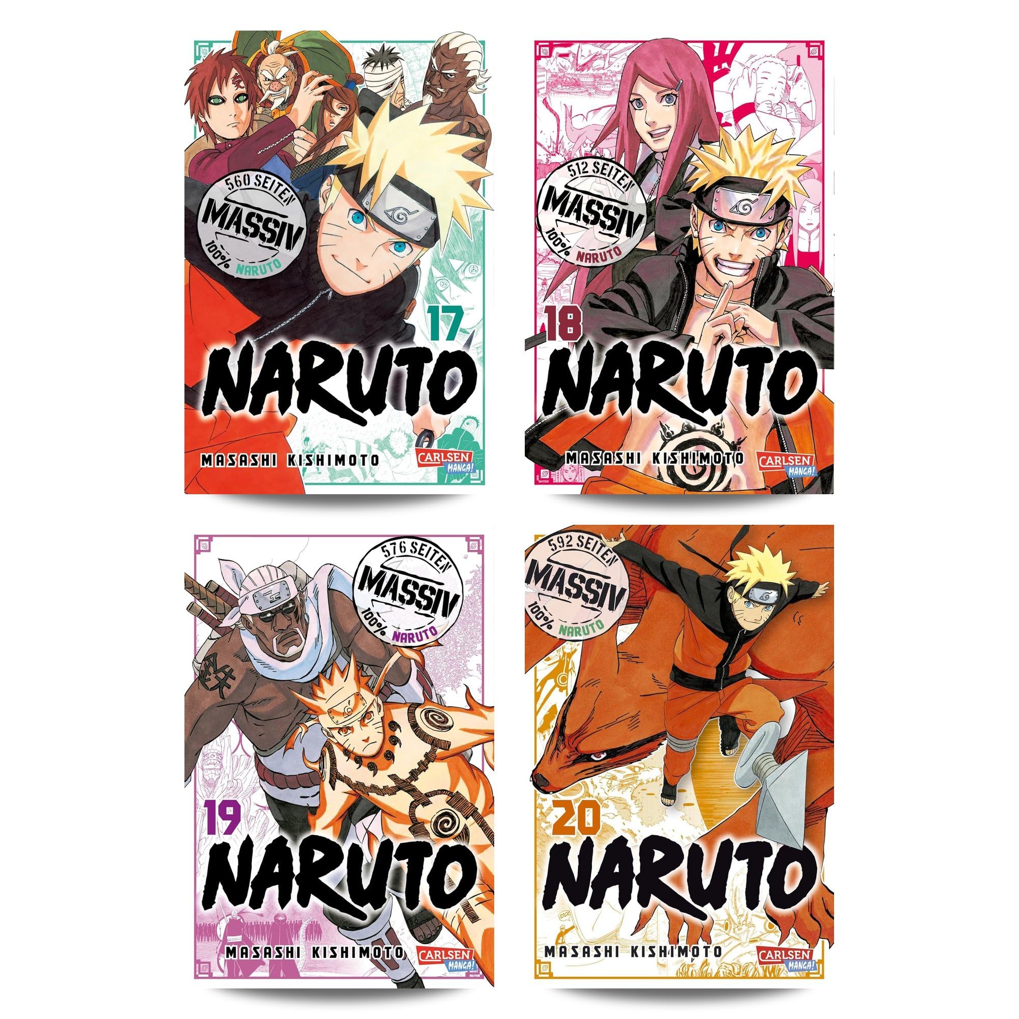 Masashi Kishimoto - Naruto Massiv Manga Set Band 17-20 - Originalserie auf Deutsch voller Ninja Action & Abenteuer Anime Bücher Bundle - Shonen Comic Sammelbandausgabe mit exklusivem Lesezeichen