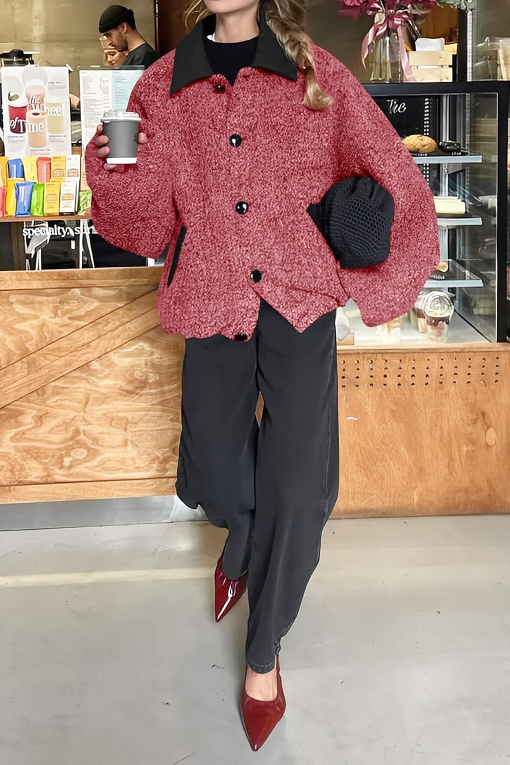 Cicy Bell Womens Oversized Fuzzy Fleece Jacket Button Down Patchwork Collar Sherpa Coats Fall Outerwear with Pockets - Image 2