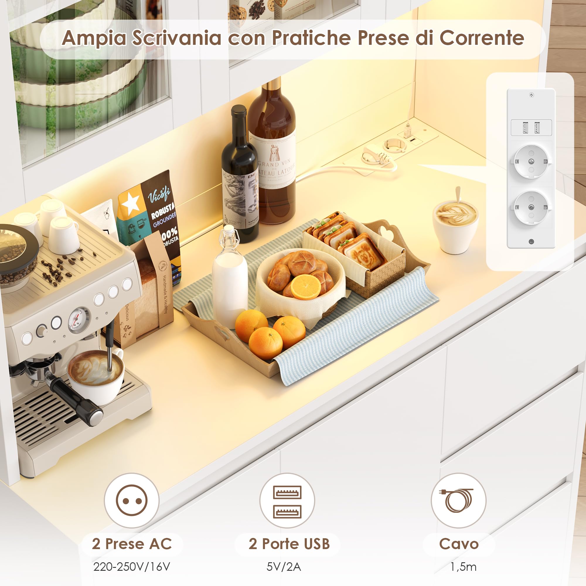 FirFurd Credenza Cucina, Credenza Alta con Luci a LED e Prese, Mobile Buffet con Cassetti e Armadi, Ripiani Regolabili, per Cucina, Soggiorno, Studio180x100x38,5cm (Bianco)