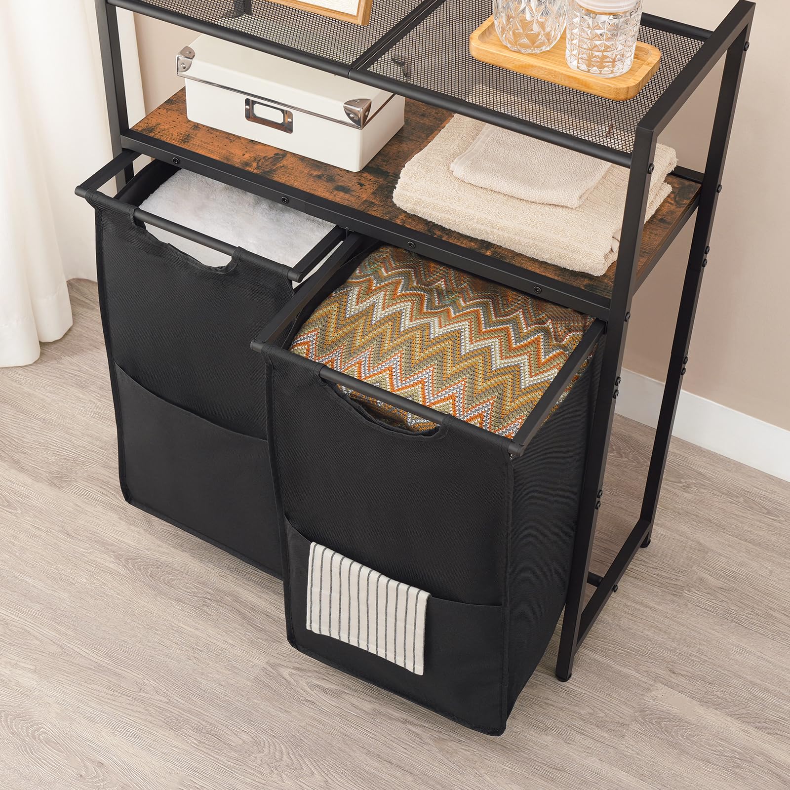 HOOBRO Cesto para Ropa Sucia, Cesto de Ropa, 2 Bolsas Colada de Tela Oxford Extraíble, 2 Estantes, 2 x 49,5 L, para Lavadero, Cuarto de Baño, Marrón Rústico y Negro EBF73XY01