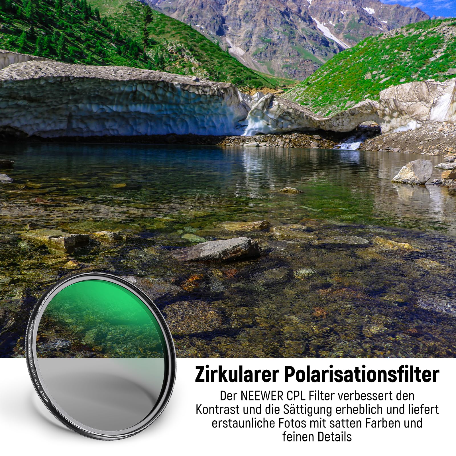NEEWER 62mm Polfilter 24 Schichten Multi Resistant Nano MC CPL Zirkular Polarisationsfilter mit HD Glas/Ultra Slim für Kameraobjektive, Reflexion reduzieren/Kontrast verbessern/Blendung reduzieren