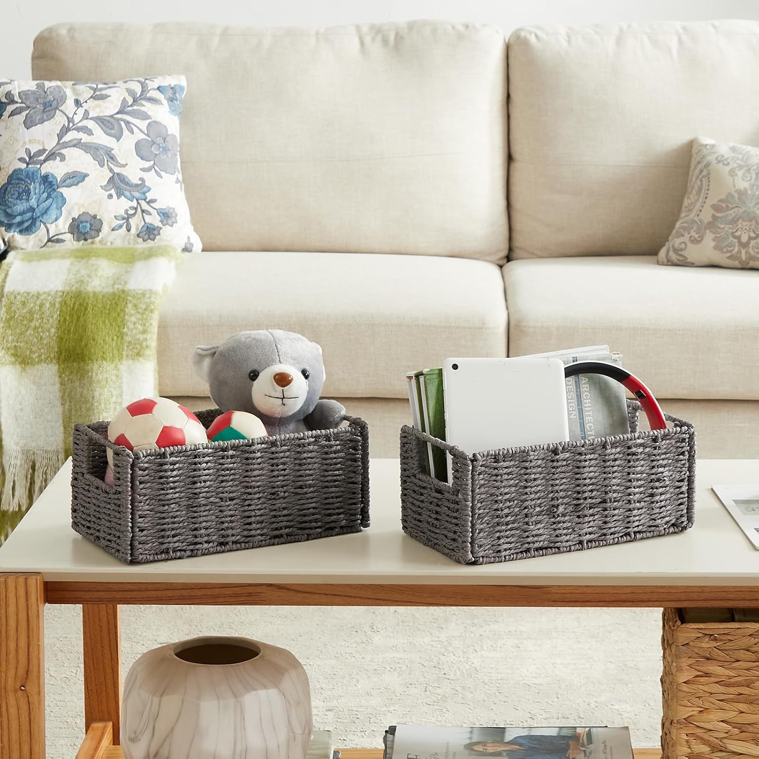 Vagusicc Wicker Storage Basket, Set of 2 Hand-Woven Paper Rope Wicker Basket, Small Storage Baskets for Organizing Toilet Paper Basket, Foldable Large Cube Storage Organizer Bins for Shelves (Grey) - Image 2