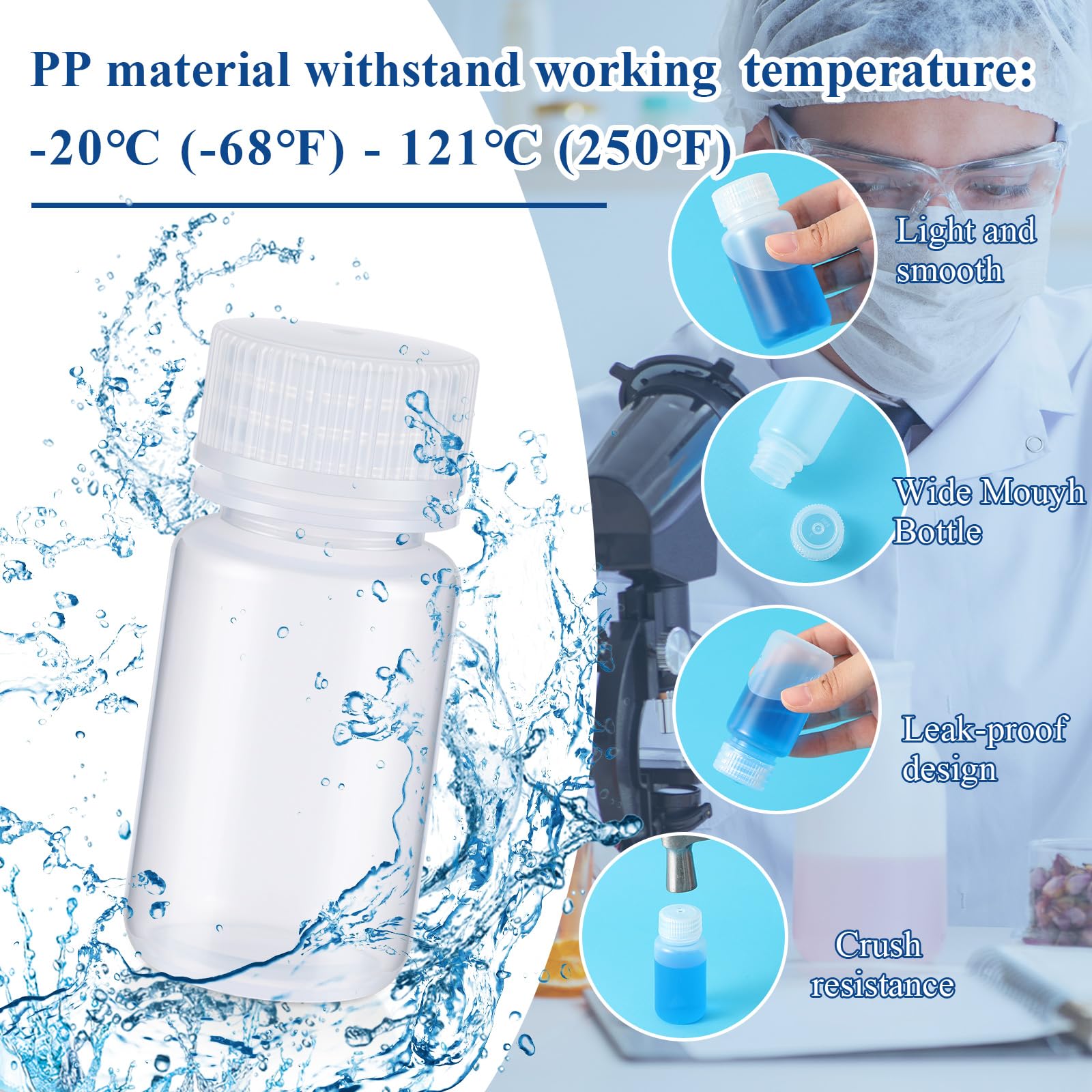 Tatuo 48 botellas de plástico para muestras de píldoras de boca ancha, contenedor de reactivo de laboratorio con tapas, recipiente translúcido de muestra de agua de polipropileno para líquidos