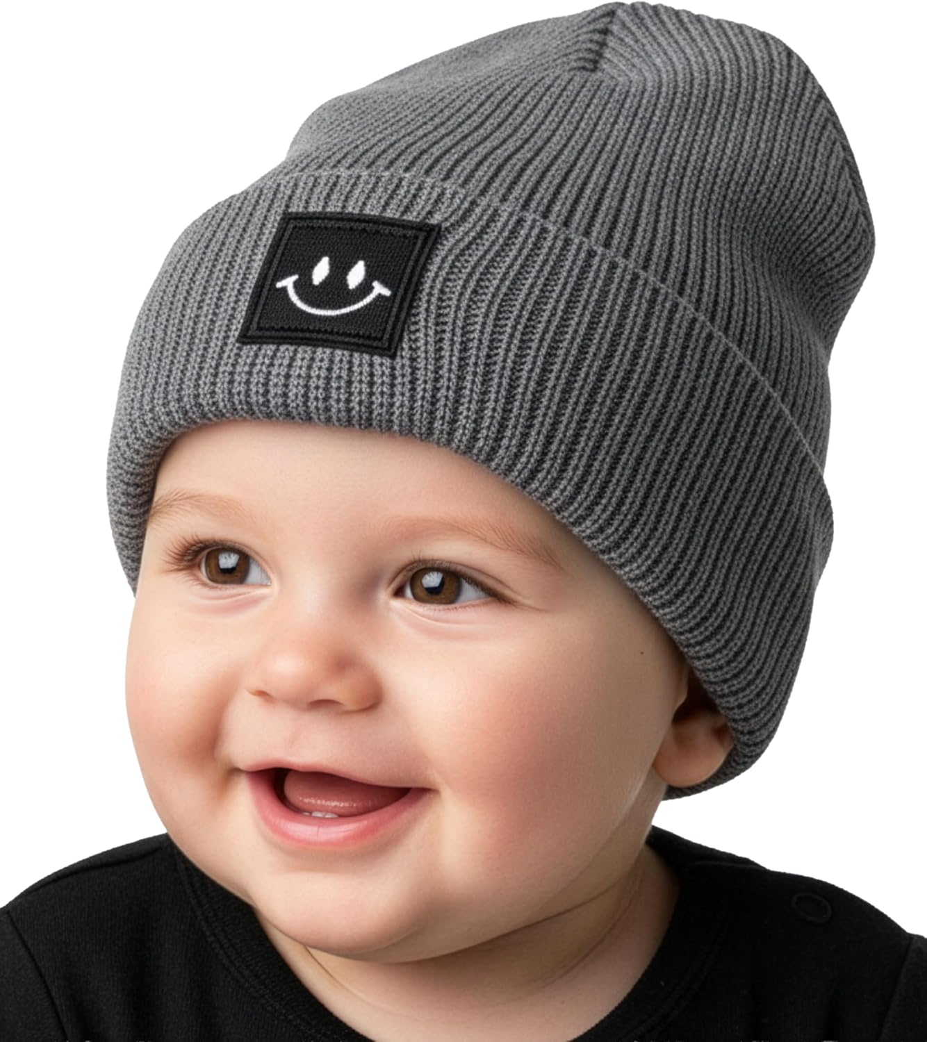 Funky Junque Baby Hats 0-12 Months Smiley Face Beanie, Warm Soft Knit Toddler Beanie Winter Cap for Infants Unisex