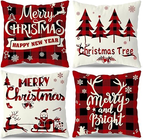 Juego de 4 fundas de almohada decorativas de Navidad de 20 x 20 pulgadas, fundas de almohada a cuadros rojos y negros a cuadros, fundas de almohada