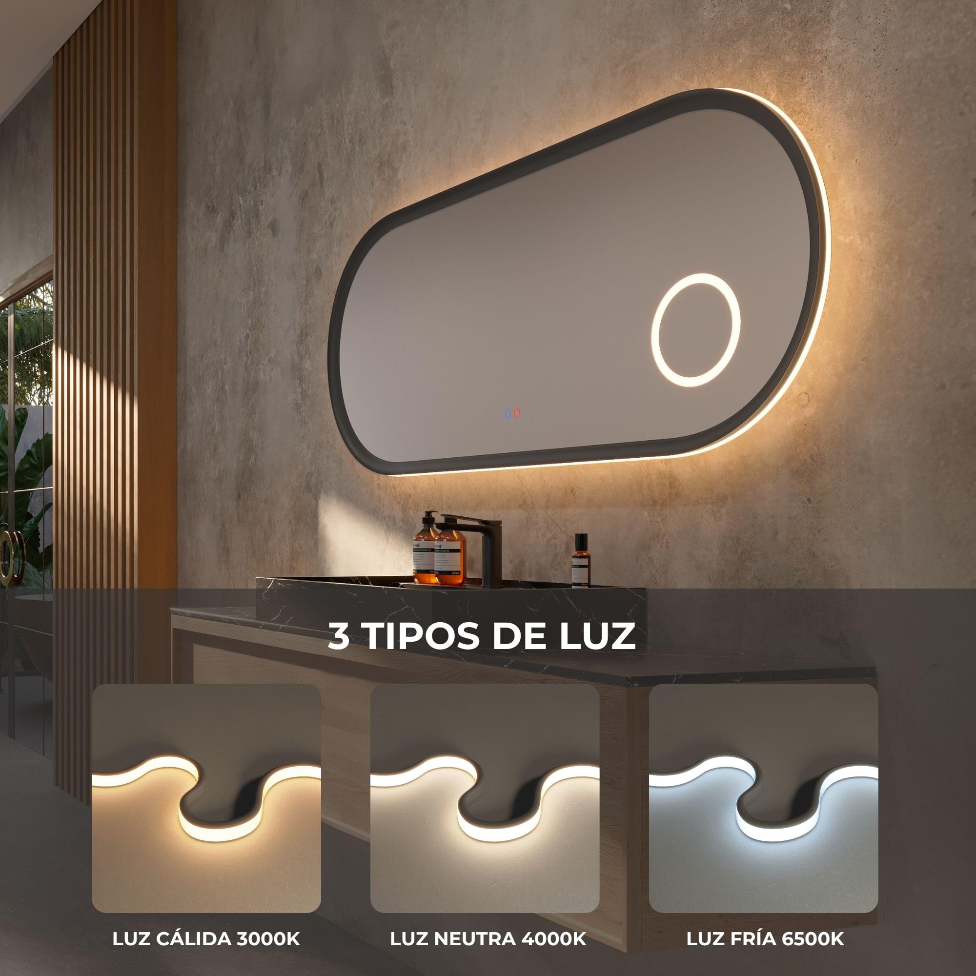 NOLUXA LEDIMEX - Espejo Baño Retroiluminado 120x60cm con Luz LED, Antivaho y x3 de Aumento | Espejo Inteligente Ovalado con Luz Triled (Cálida, Neutra y Fría) | Serie Rimini | Color Moka