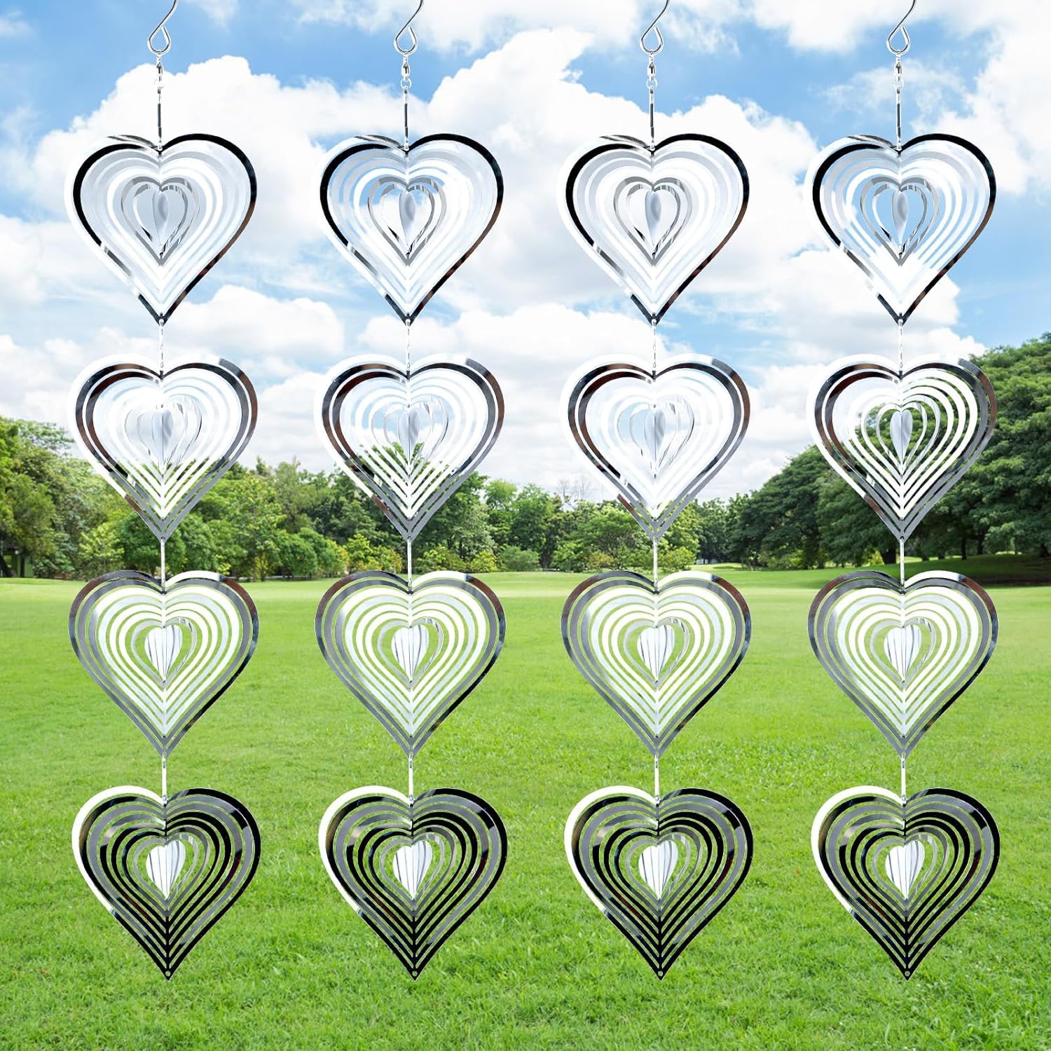 Azonee Bird Scare Discs Set Metal Holographic Highly Heart Reflective Double Sided Bird Reflectors for Windows Sparkly Wind Spinners Outdoor Garden Devices Decoration for Scare Birds Away 4 Strings