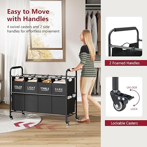 Miniatura 6 de Tajsoon Carrito clasificador de lavandería de 4 bolsas cesta clasificadora de lavandería con ruedas giratorias resistentes para almacenamiento de