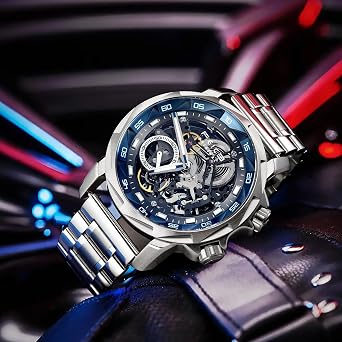 FEICE FM511 Mens Automatic Skeleton Watch, Luxury Sapphire Crystal Glass Blue Dial Luminous Hands 5ATM Waterproof Sport Watch with Silicone Strap Men's Casual Mechanical Wrist Watch , Silver