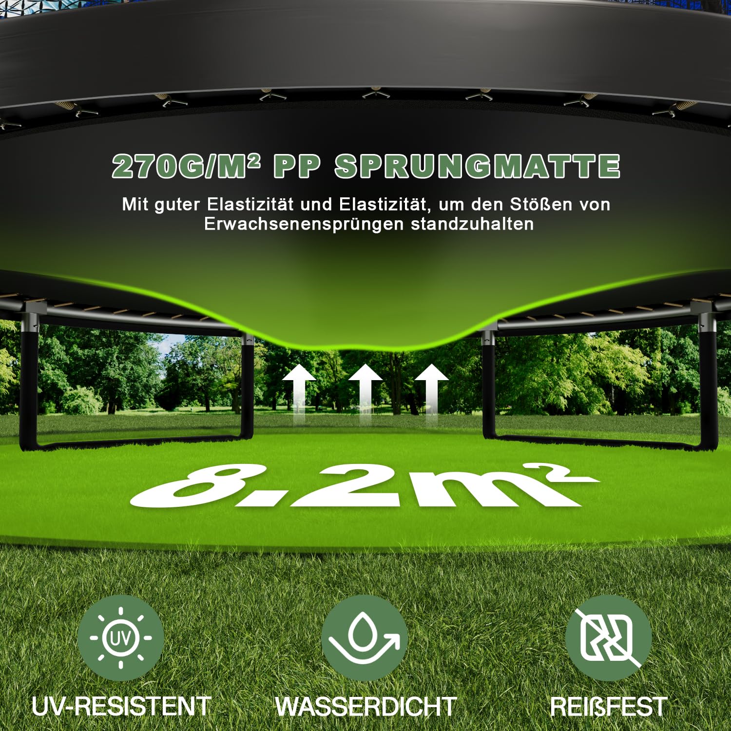 Flamaker Trampolin Outdoor Ø 228/305/366/427cm mit Zweilagiger Schutznetzpfosten, Stabile Rahmenkonstruktion, Wetterfest und rostfrei, Gartentrampolin für Kinder & Erwachsene Belastbarkeit 150kg