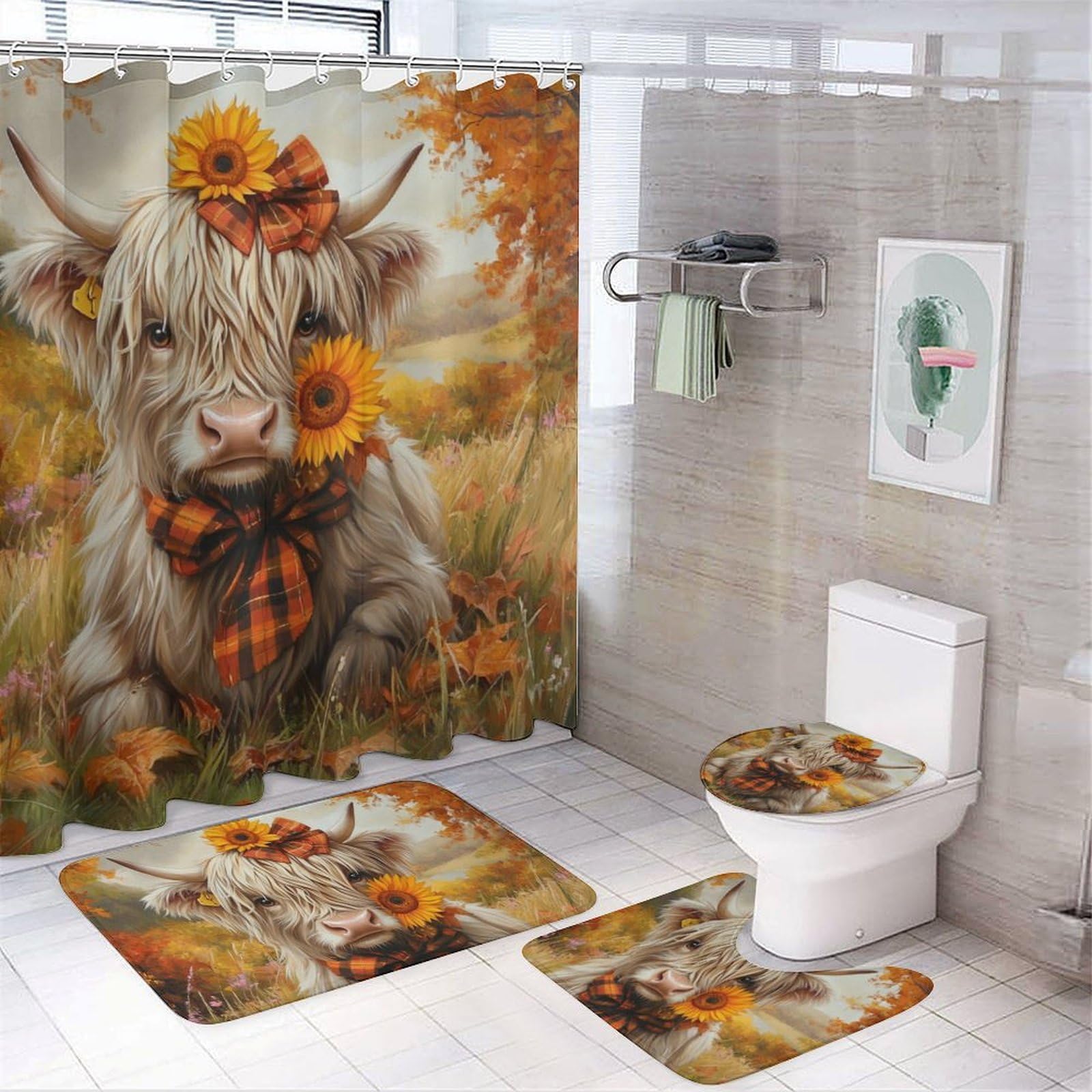 HDESDIS 4Pcs Vintage Highland Cow Shower Curtain Sets with Rugs, Toilet Lid Cover and Bath Mat, Farm Sunflower Jungle Bathroom Shower Curtains Set