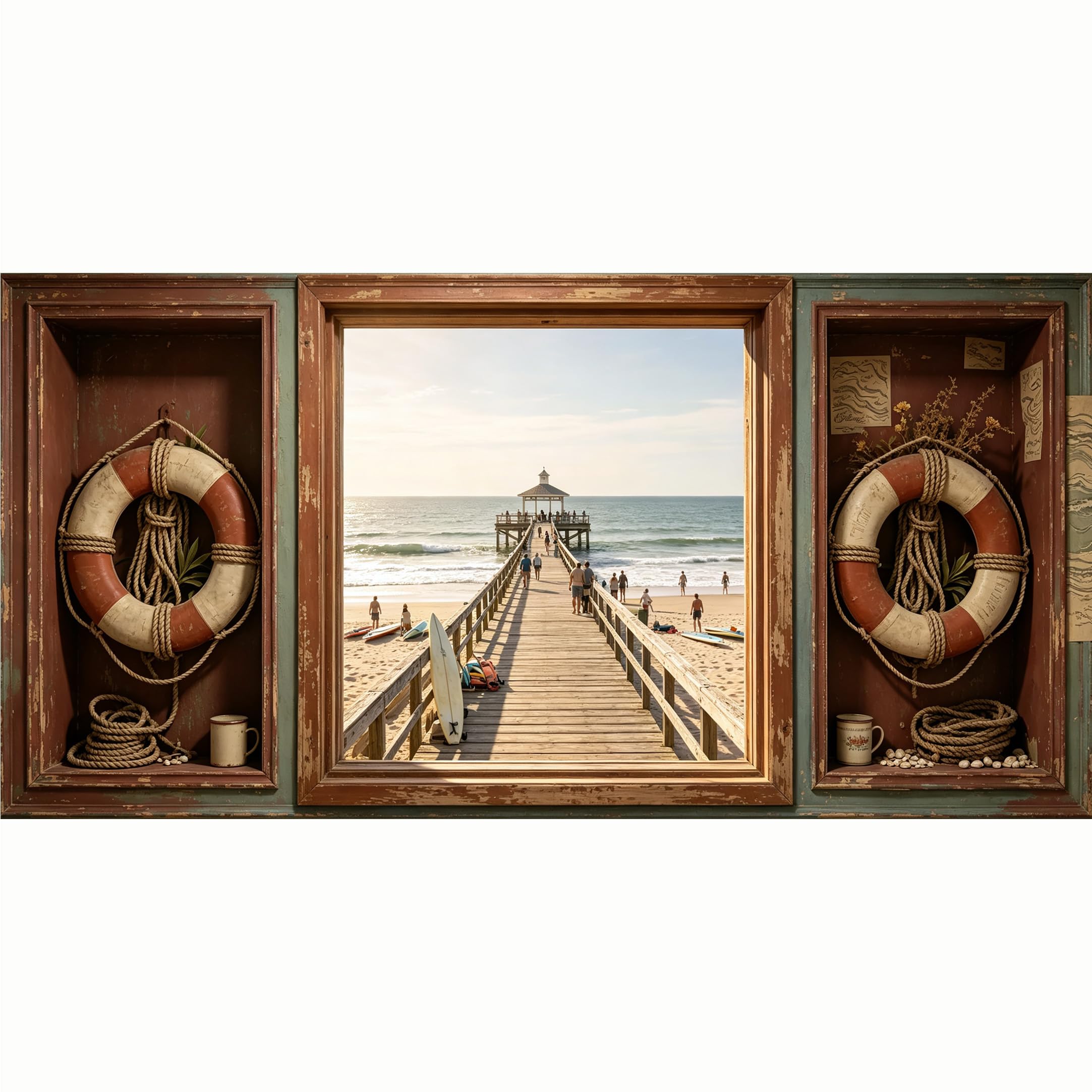 QZLITHOTIC 50x100cm 3D Framed Wall Art， Coastal Ocean Pier Nautical Lifebuoy Self‑Adhesive Mural， Water‑Activated Peel & Stick Fabric Decor Wall Decal for Bedroom Living Room