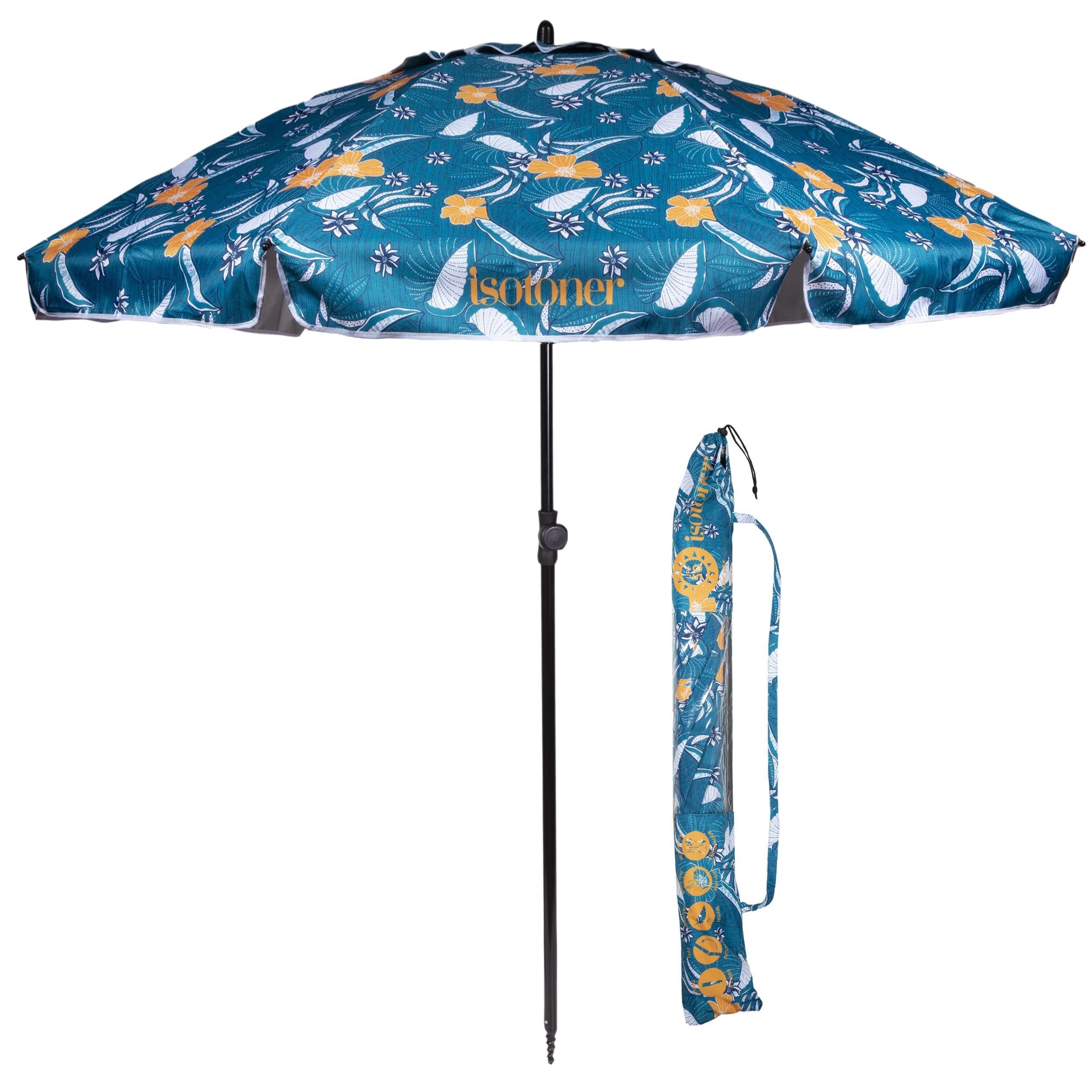 Isotoner Parasol de plage de plage, ultra résistant, structure anti vent, léger réglable en hauteur et inclinaison et anti uv upf50+, 160 cm hawaii