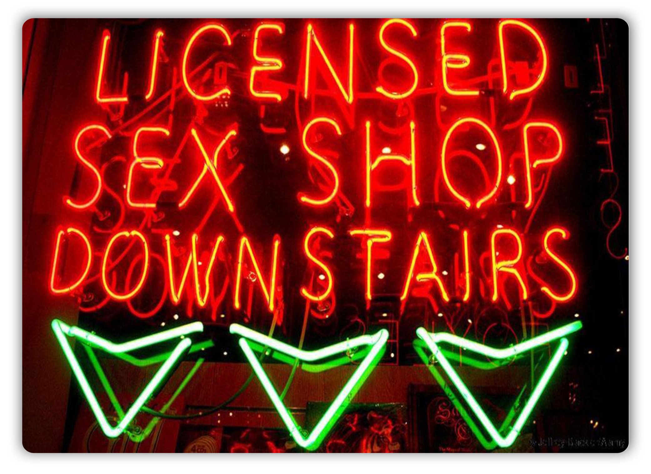 Licensed Sex Shop Downstairs - Metal Wall Sign Plaque (Small - Sticky Pads)