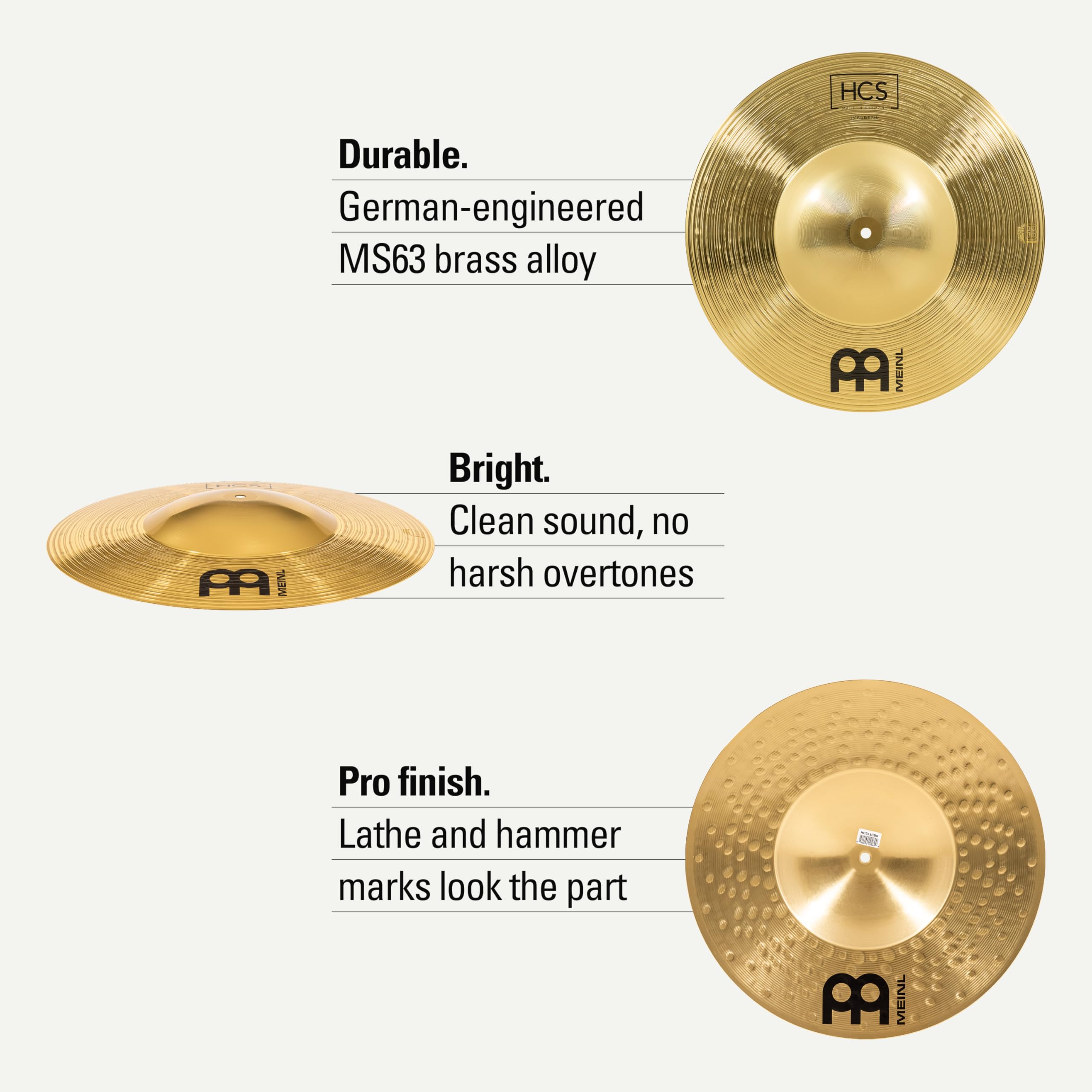 Meinl Cymbals HCS piatto Big Bell Ride 18 pollici (45,72cm) per Batteria – Finitura Tradizionale Ottone, Made in Germany (HCS18BBR)