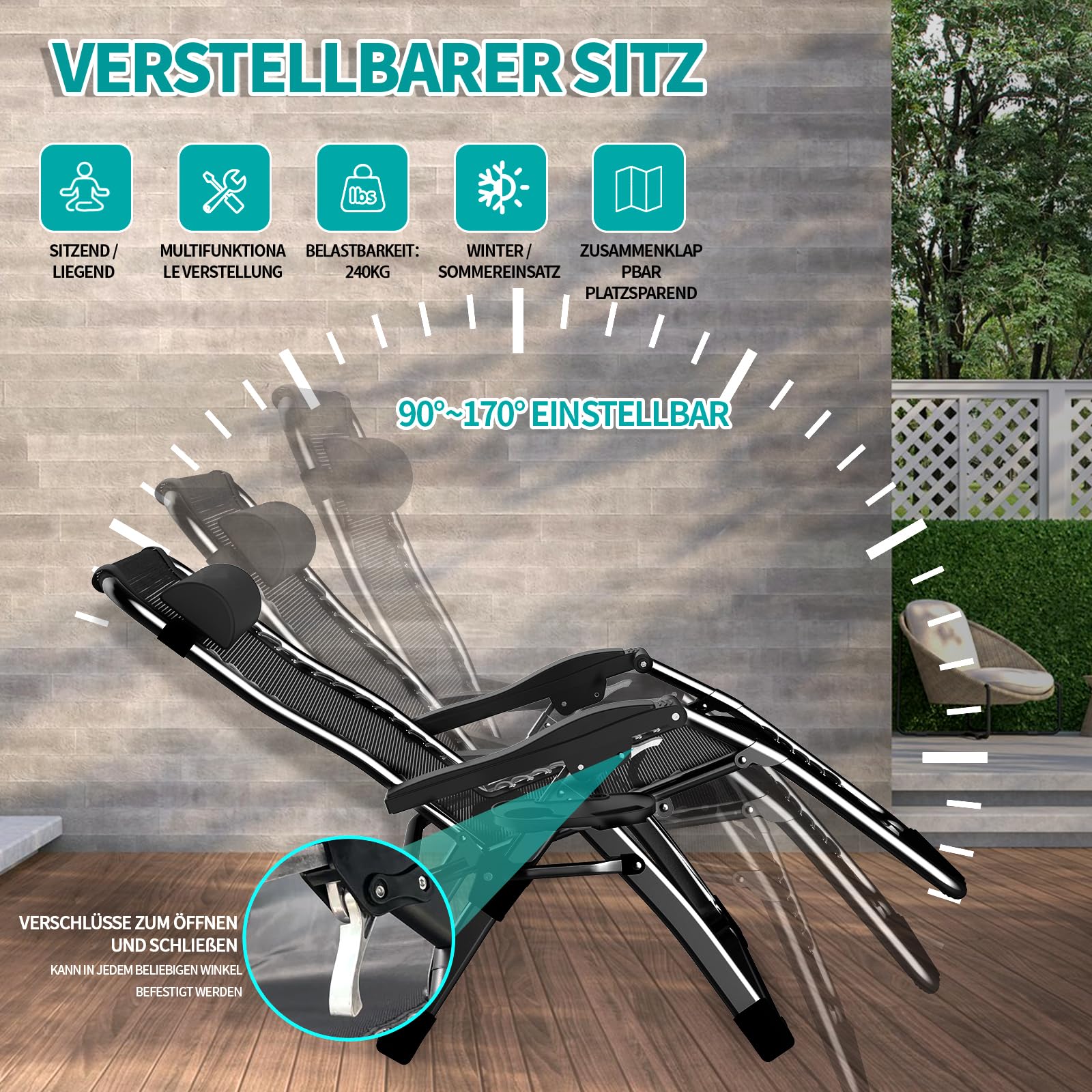 Liegestuhl Klappbar Sonnenliege mit Abdeckung, Gartenliege Relaxliege für Mittagspause Belastbar 240kg Verstellbar RüCkenlehne Gartenstuhl Ergonomisch und Atmungsaktiv (Silbrig)