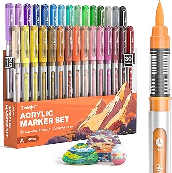 JusArt Acrylic Paint Markers Brush Tip 30 Colors, Water-Based No-Bleed
