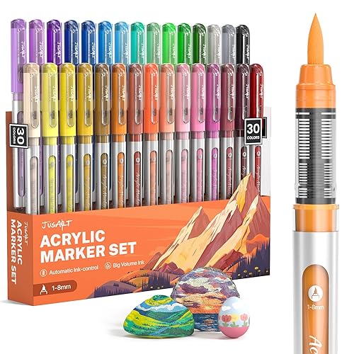 JusArt 30 Colors Acrylic Paint Markers Brush Tip