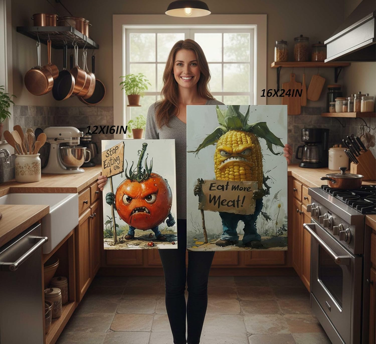 3Pcs Funny Kitchen Canvas Wall Art Whimsical Angry Lettuce Tomato and Corn Rebellion Aggressive Vegetables Food Painting Pictures Wall Decor Poster Print Artwork for Dining Home Decoration
