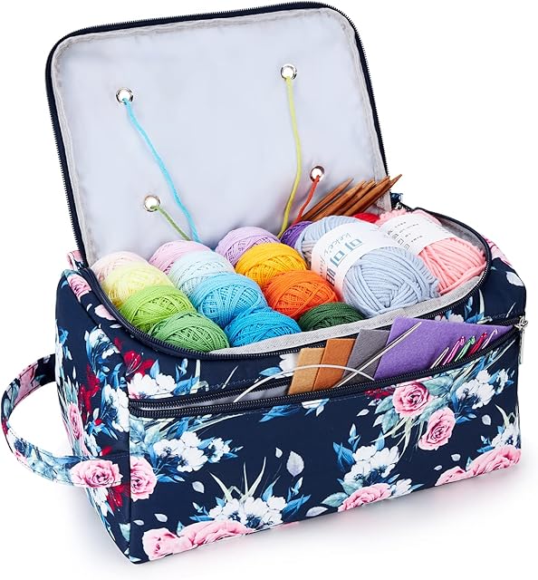 KALIDI Yarn Storage Knitting Bag Yarn Wool Crochet Hook Needles Accessories Organiser Holder Lightweight with Handle Strap (Rose)