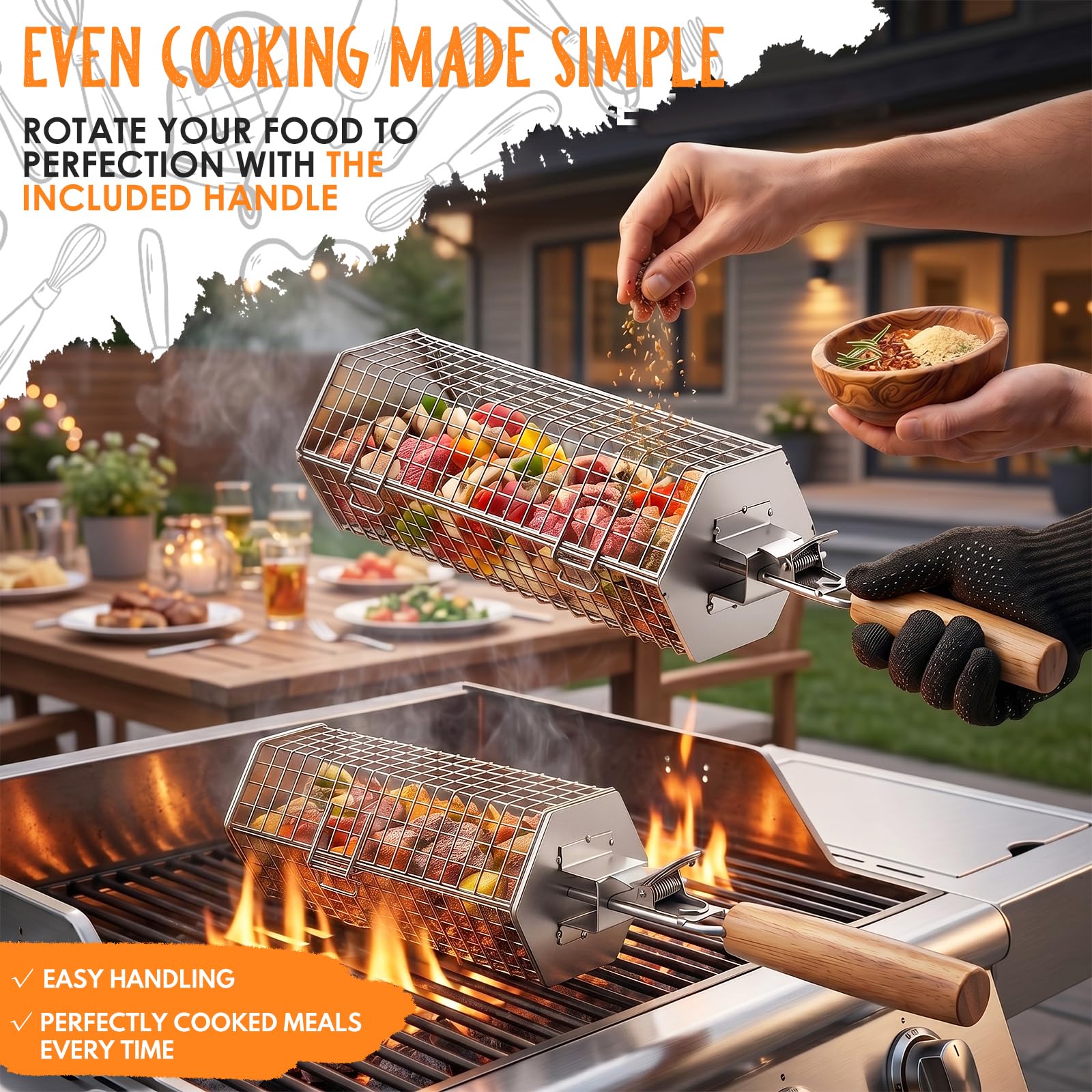 Panier à Barbecue Roulant, Design Hexagonale à Ouverture Rapide, Poignée Détachable, Acier Inoxydable 304, Gigogne, Accessoires Grille à Legumes, Ustensiles Grill de Cuisine Exterieur Camping