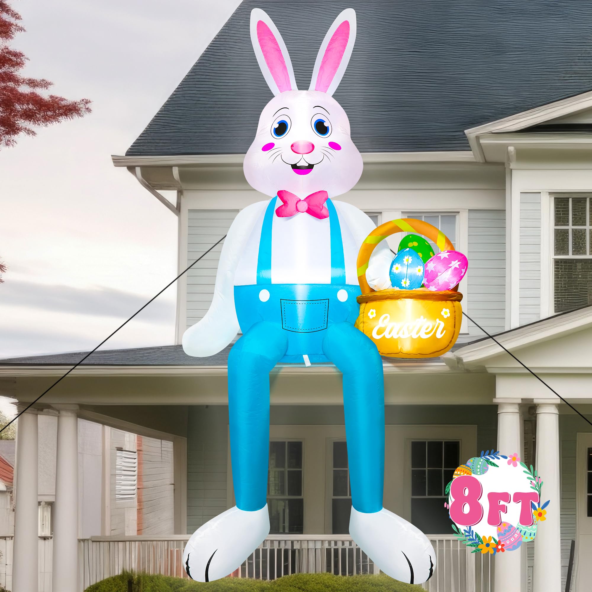 8FT Easter Inflatables, Blow Up Sitting Bunny Decorations, Pre-lit Bunny Holding Colorful Eggs Basket, Cute Spring Inflatable Decor for Easter Lawn