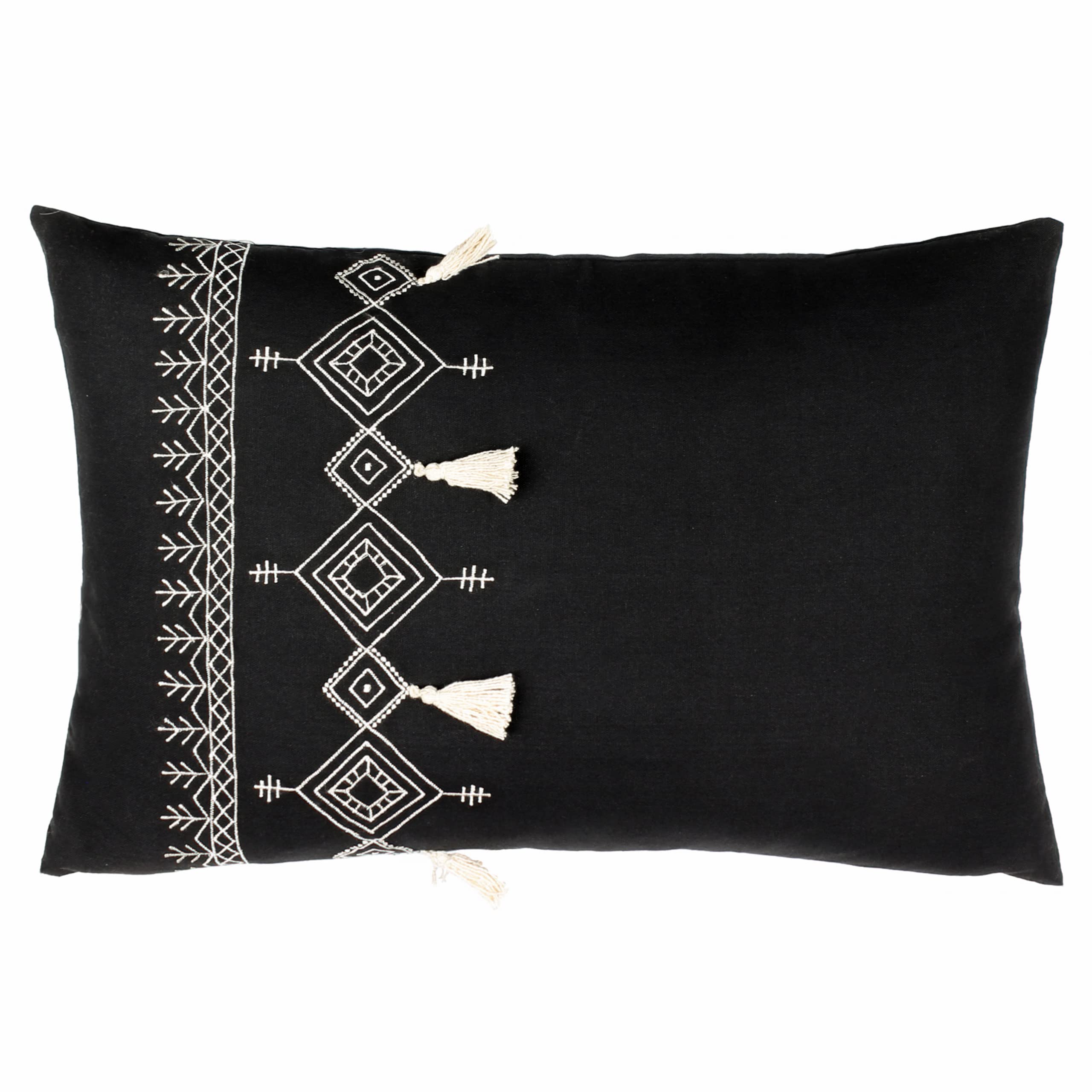 Furn Black Pritta 100% Cotton Embroidered Tasselled Cushion In | Size: 40Cm X 60Cm