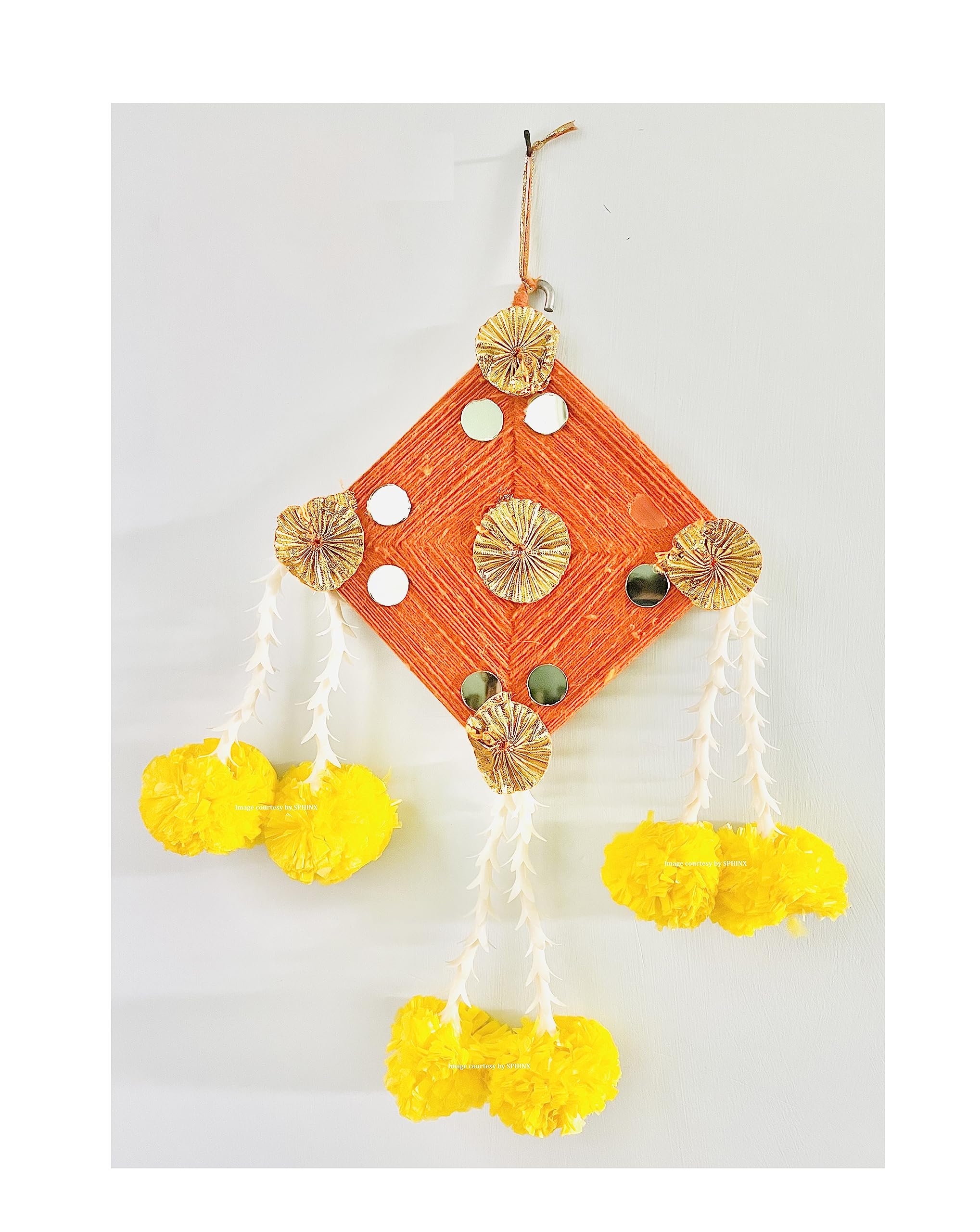 SPHINX Artificial Fluffy Marigold & Rajnigandha Tassels with Woolen Colorful Decorative Kites for Festive Pooja Wedding Housewarming Diwali Decorations - (Height x Width = Approx 25 x 15 cms (2L), 10 Pieces)