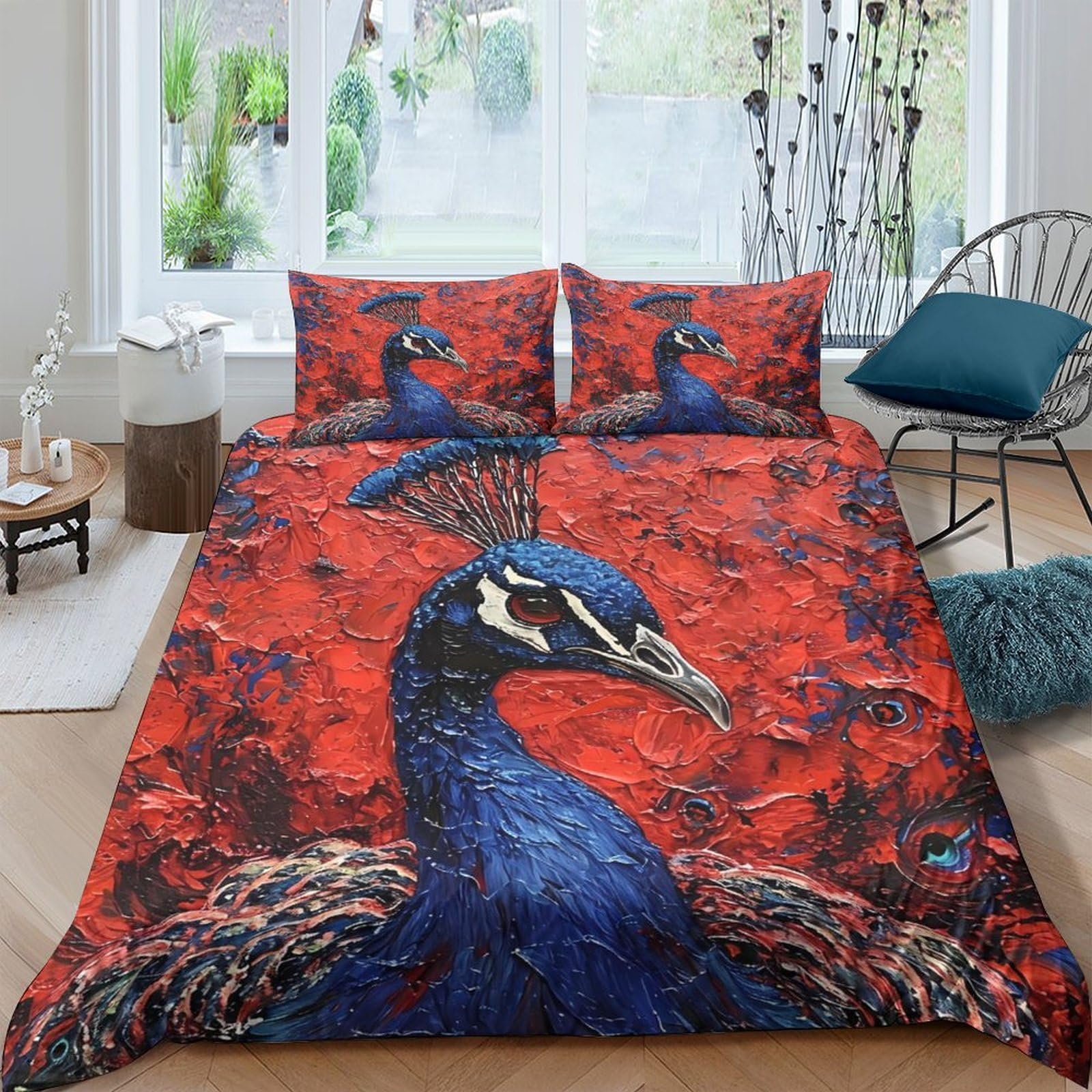 Ctjqhvkz Style-9 3D Printed Peacock Red Fitted Sheet Microfiber Soft Decorative Mattress Cover For Bedroom Dorm Easy Care Anti Slip Single（135X200cm）