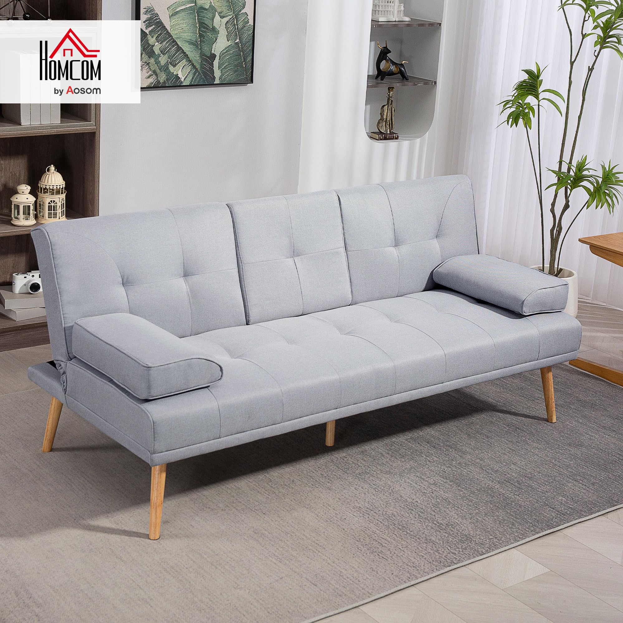 HOMCOM Sofá Cama 3 Plazas, Mesa Abatible con 2 Soportes para Vasos, 181x77x78 cm, Sofá Cama con Respaldo Ajustable, Apertura Clik-Clak, Reposabrazos Desmontables, Patas de Madera, Gris Claro