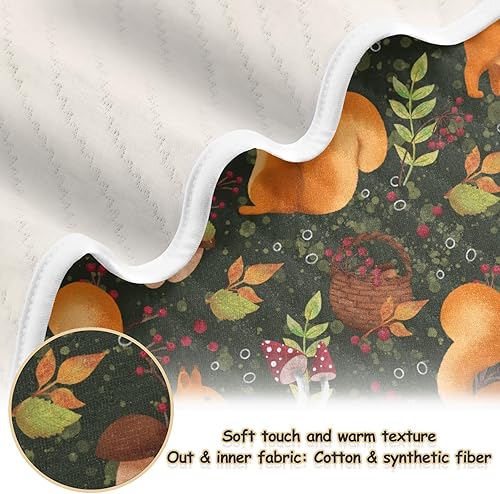Miniatura 2 de Ollabaky Manta de algodón con diseño de ardilla y champiñones para niños y niñas, manta de algodón para cuna, cochecito o guardería, manta de
