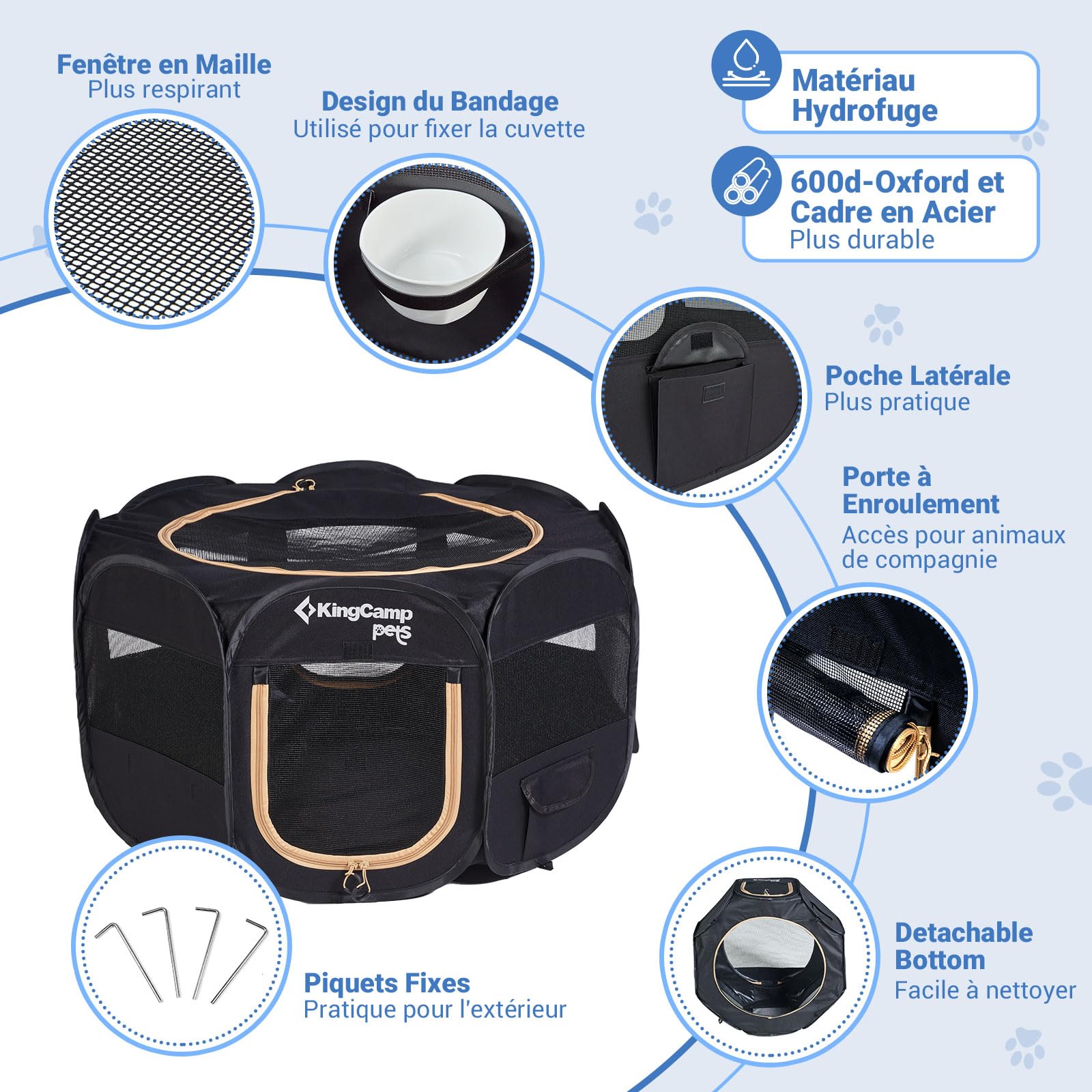 KingCamp Parc Pliable pour Chien Chat Chaton Parc Chien Enclos Parc Chiot Respirant en Oxford Résistant à l'eau Niche Cage Portable Animaux pour Interieur Extérieur avec Sac de Transport