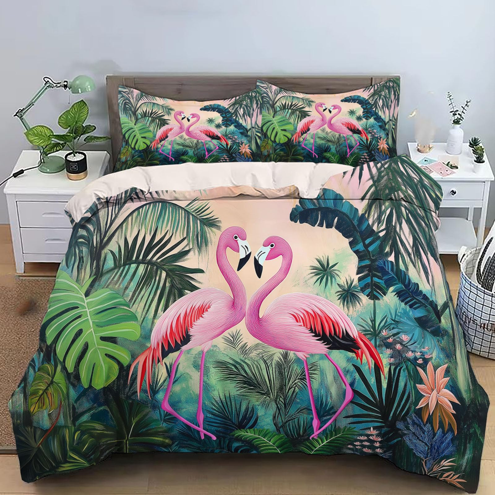 Housse de Couette Flamant Tropical Anti-Transpiration Lit Simple Vert Matcha 140x200