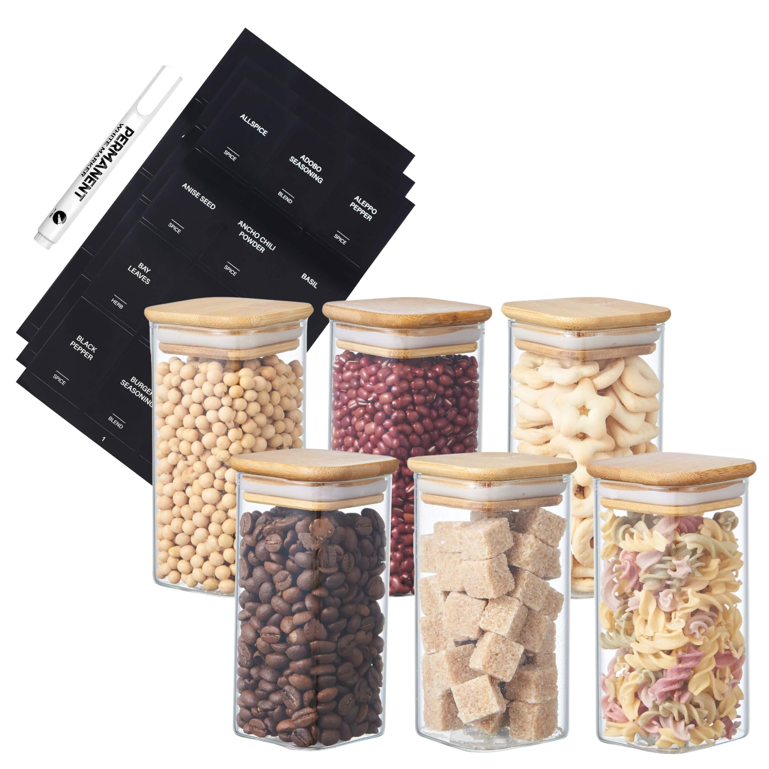 Small Square Glass Storage Jars with Airtight Bamboo Lids | Kitchen Organization Containers | Spice Jars with Preprinted Labels & White Marker – Pantry Storage for Herbs & Spices (6, Clear, 300ml)