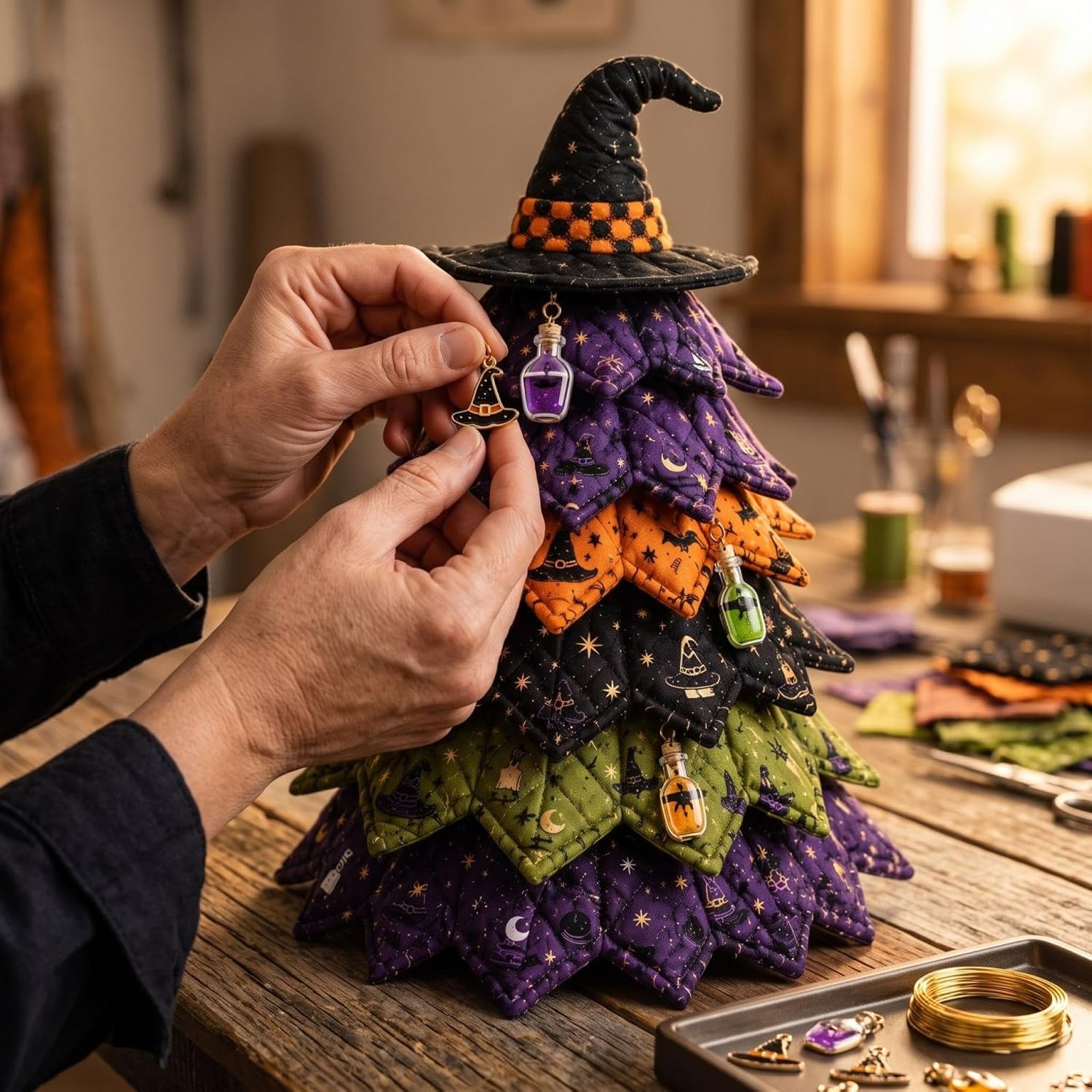 DIY Halloween Quilted Fabric Tree Sewing Kit, Padded Layered Fabric Tree Craft Set for Adults Beginners, Handmade Tabletop Ornament for Mantel Shelf Entryway Halloween Indoor Layout Decor，E