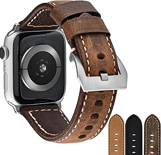 Bullstrap Menâ€™s Full-Grain Italian Leather Watch Band Compatible with Apple Watch Series 1-7, 41/40/38mm, Terra with Silver Hardware