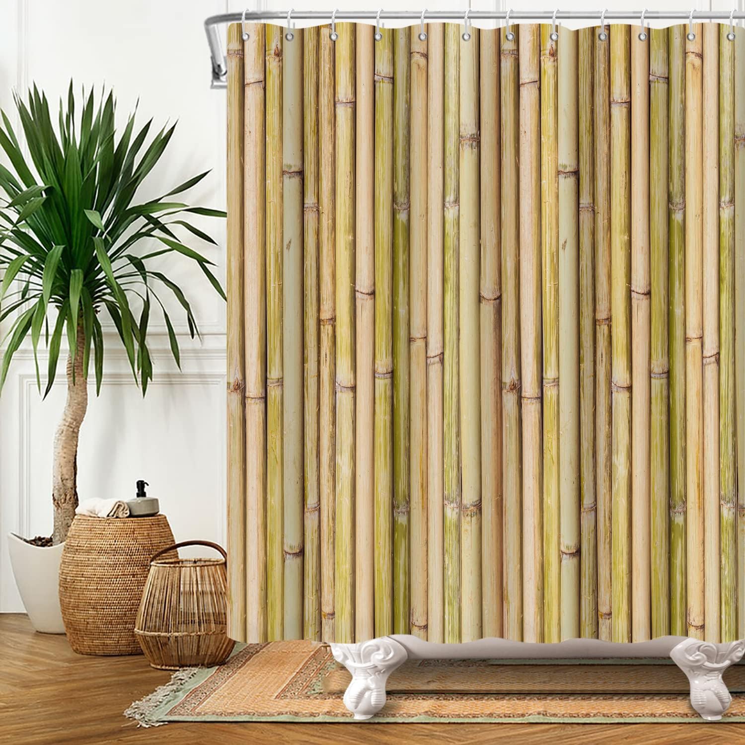 Bamboo Shower Curtain, Green and Yellow Nature Plant Shower Curtain for Bathroom Waterproof Botanical Bathroom Decor with Hooks, 72x84 Inch