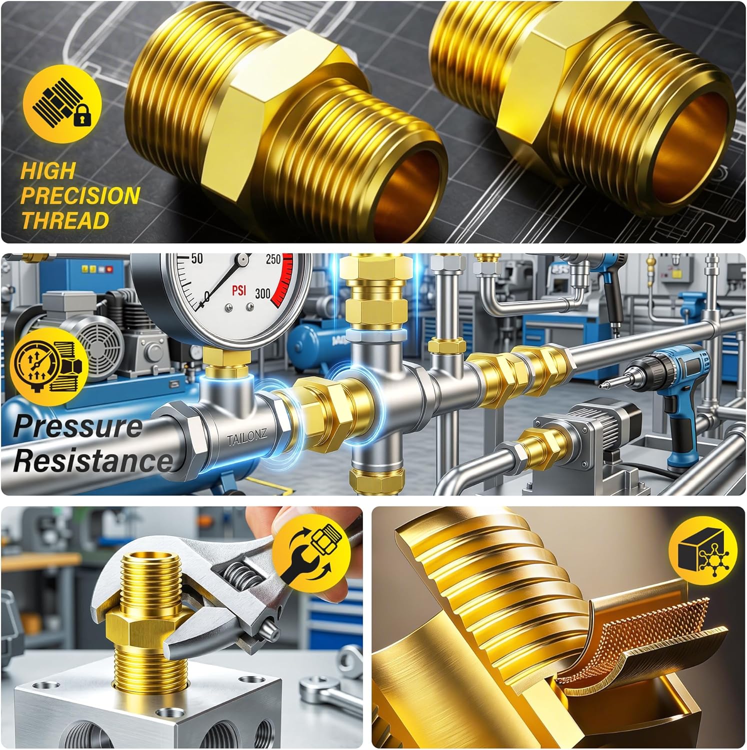 TAILONZ PNEUMATIC Pipe Fitting and Air Hose Fitings Hex Nipple Coupling Set - 3/8 Inch NPT x 1/4 Inch NPT,Solid Brass Male Pipe（Pack of 15）