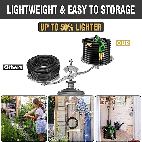 Miniatura 4 de Manguera de jardín de 50 pies con boquilla rociadora de 10 funciones, manguera de agua ligera negra, accesorios de latón resistentes de 34 pulgadas,