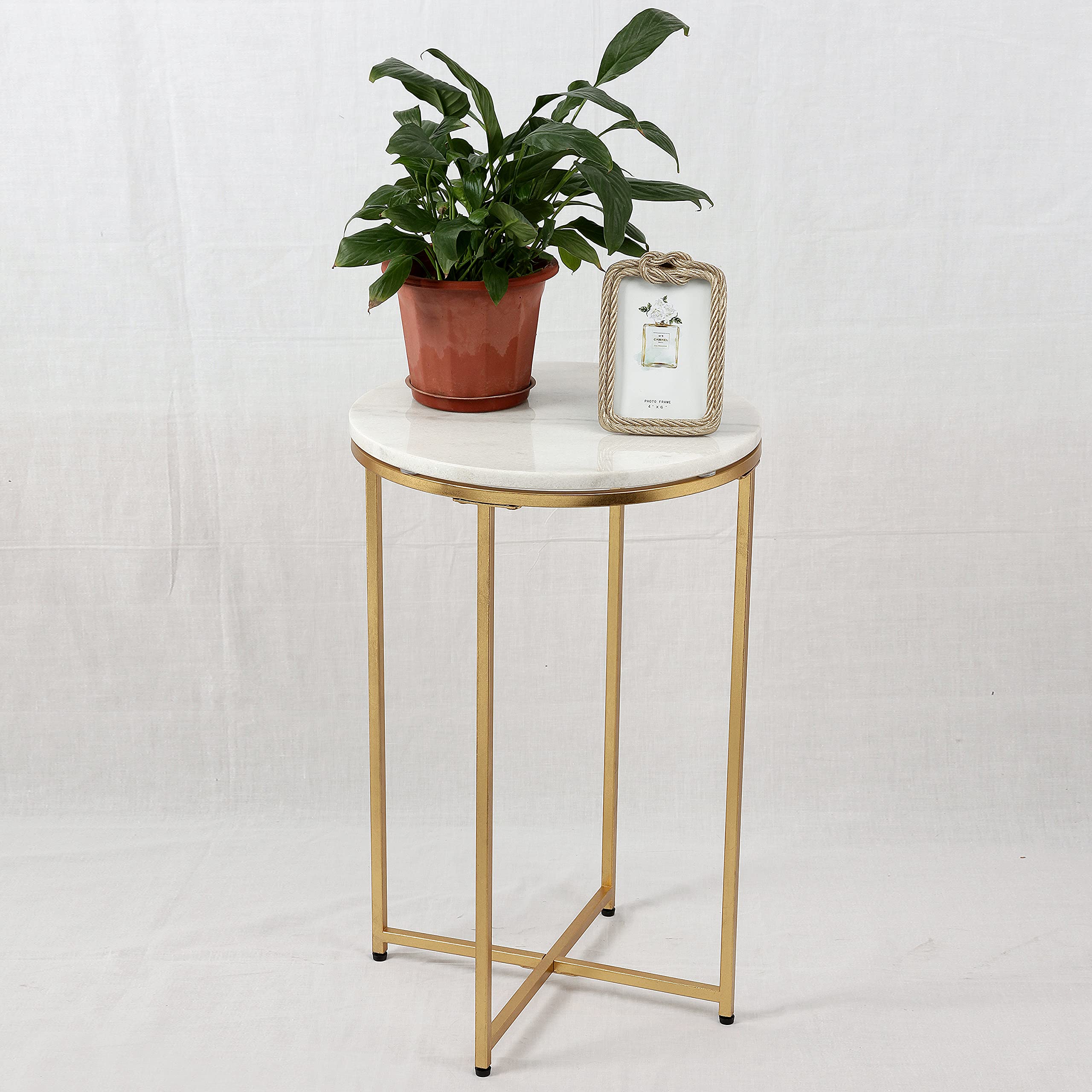 MB2101GO KD Gold Gilt Leaf Metal Side Table with White Marble top 16x16x24inch