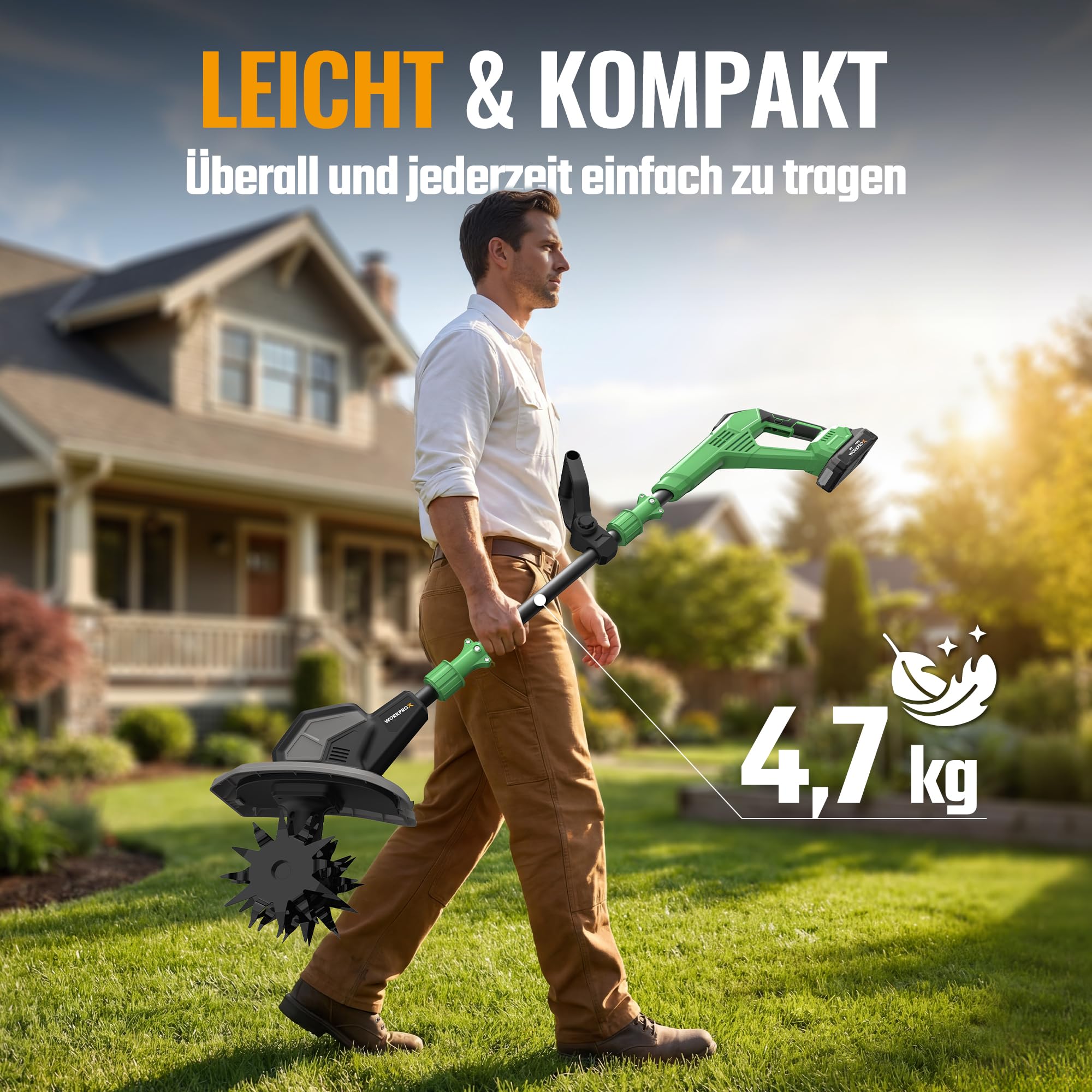 WORKPROX 20V Akku Gartenfräse, Motorhacke mit 4,0Ah Akku, Kabellos & Ölfrei, 20 cm Fräsbreite & 20 cm Arbeitstiefe, 3-Stufig Verstellbarer Griff, Abnehmbare Klinge, Bodenfräse für Garten & Beet