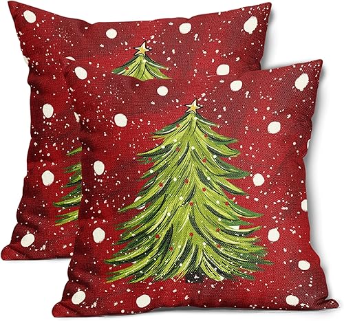 Juego de 2 fundas de almohada lumbares rojas de Navidad de 12 x 20 pulgadas, fundas de almohada rectangulares de árbol de acuarela de Navidad,