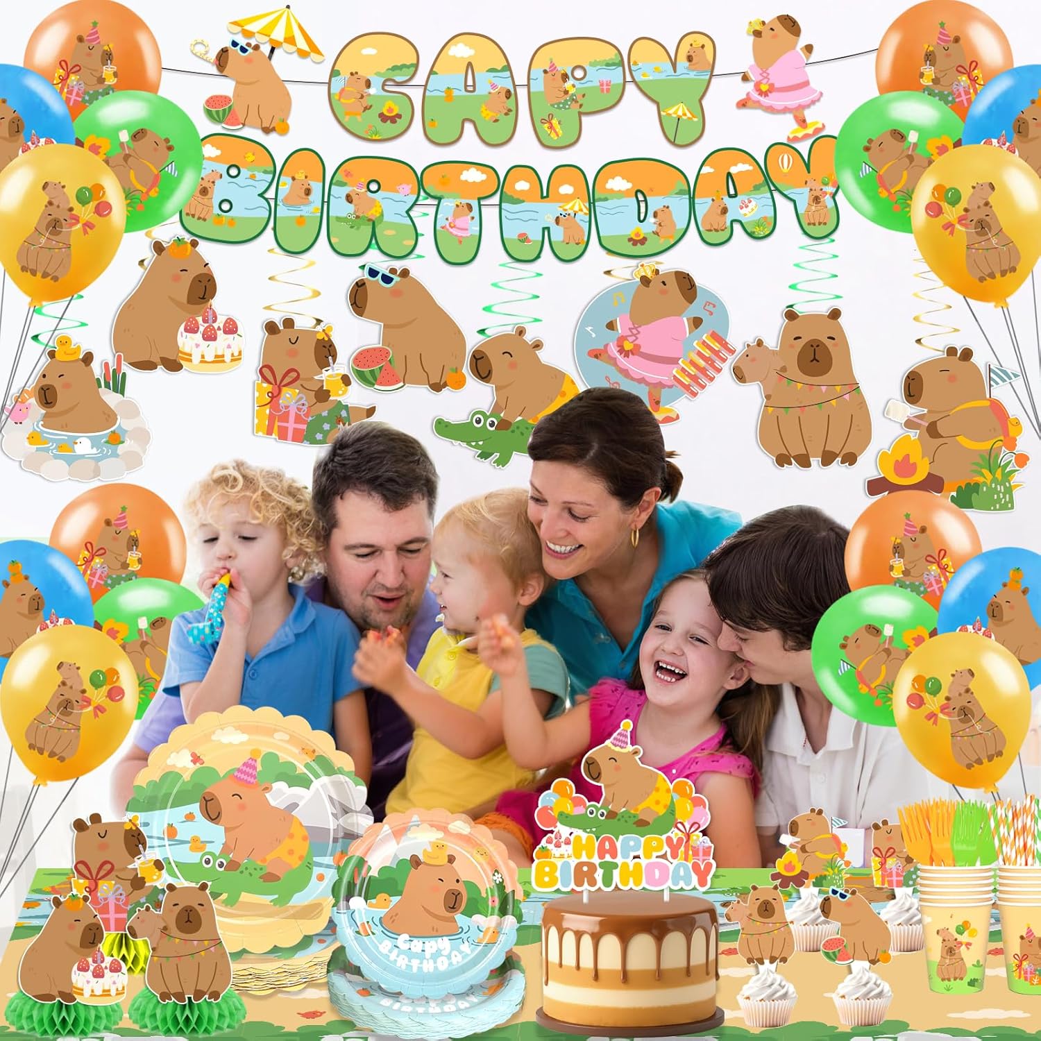 202 Pcs Capybara Birthday Decorations Tableware Set - Service 24 Guests - Includes Banner, Cake Topper, Balloons, Plates And Napkins - For Capybara Birthday Party - Image 7