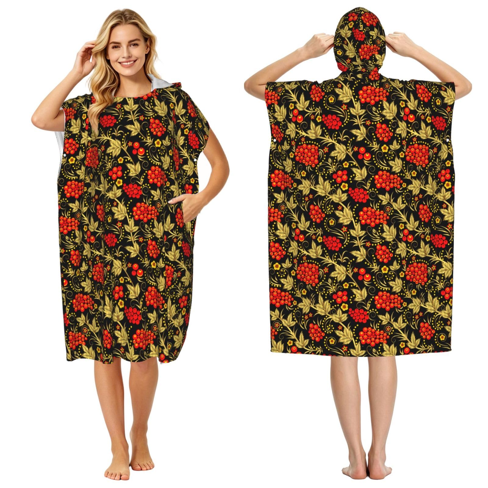 Poadnly Traditional Russian Cranberry, Adult Hooded Beach Towel 90 x 110 cm,Changing Bath Robe, Surf Poncho Towel For Women Men