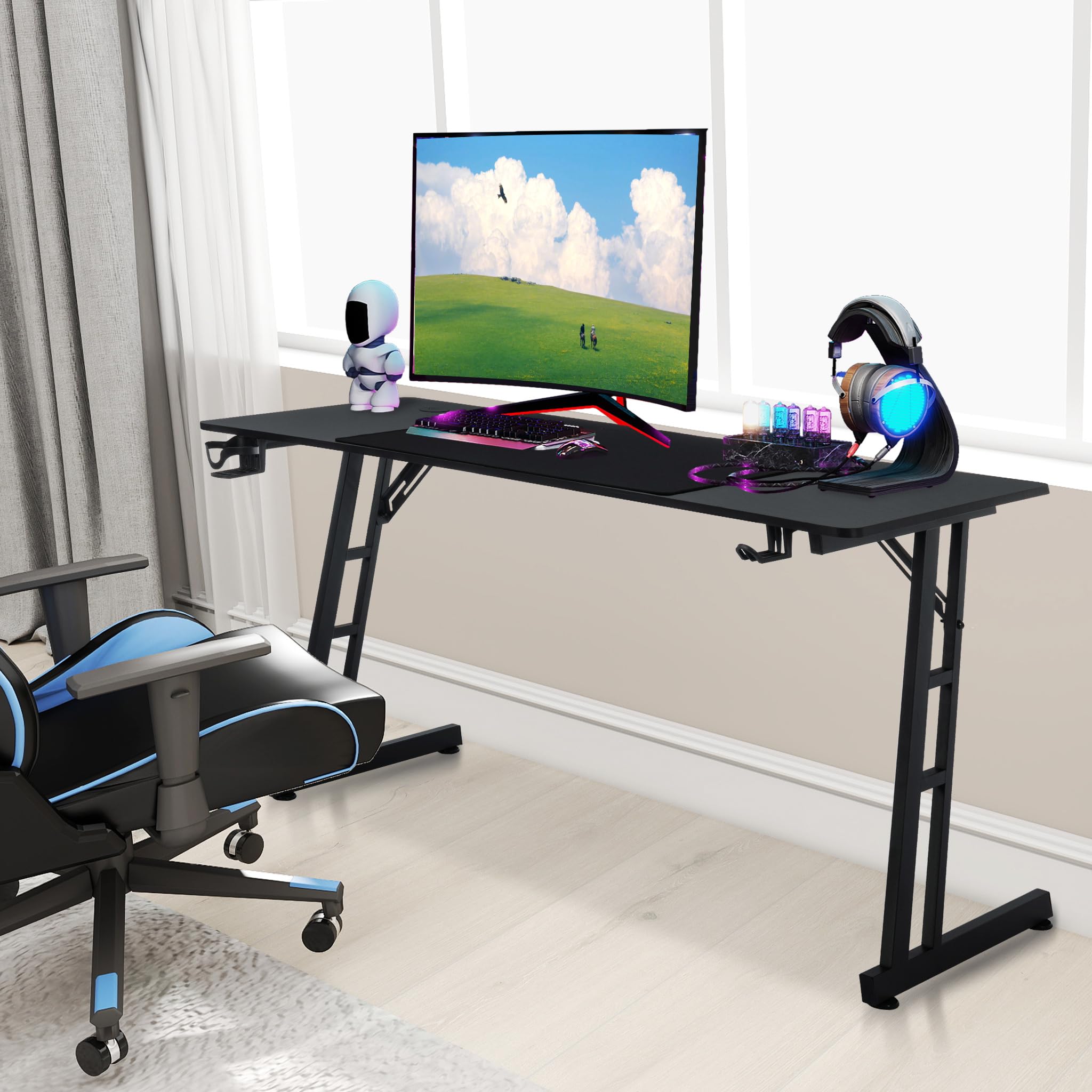 Gaming Tisch Schreibtisch 120x60cm Computertisch mit Kopfhörerhaken und Getränkehalter, Stabiles Z-Gestell Zocker Tisch zum Home Office(Typ A, Keine LED)