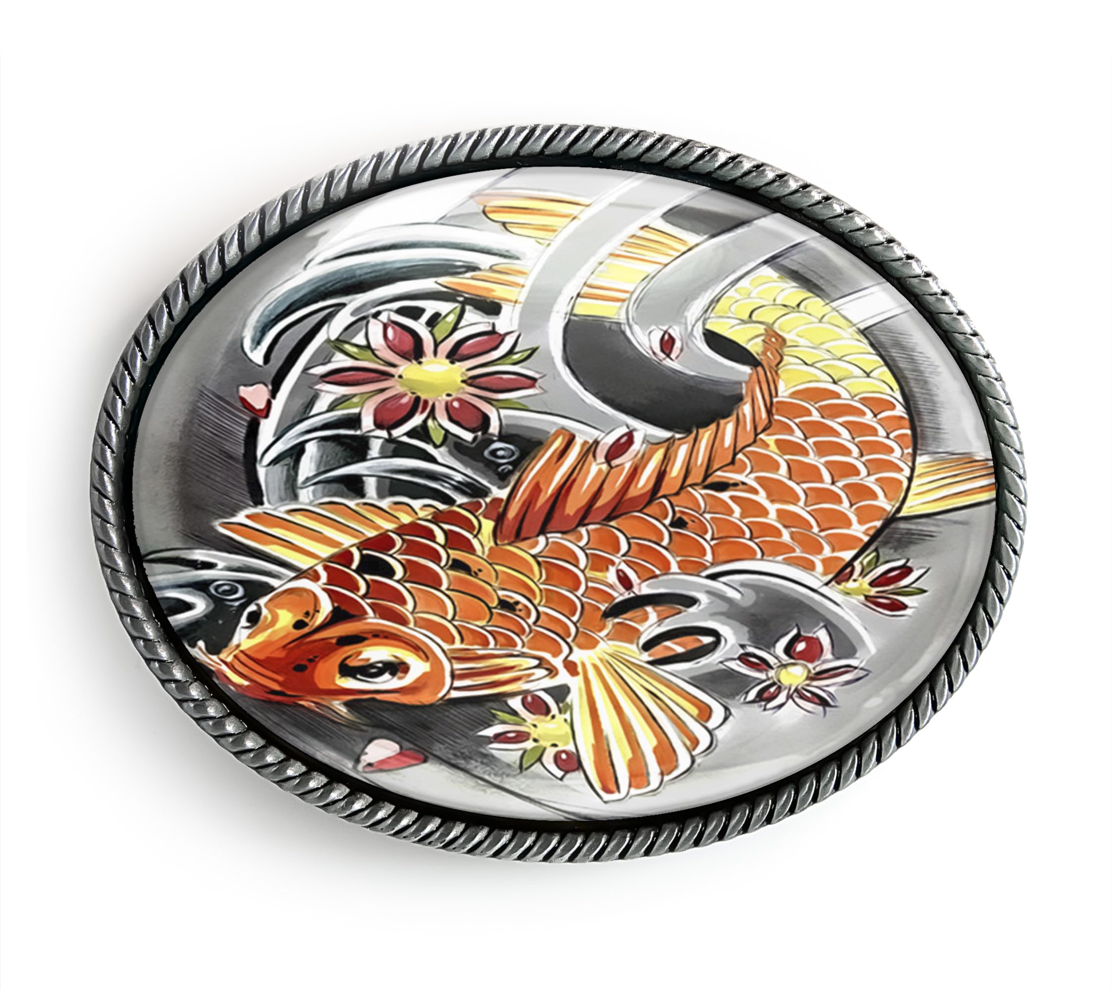 Koi Fish Belt Buckle - Japanese Tattoo Art Handmade Artisan Belt Buckle (Antique Silver)