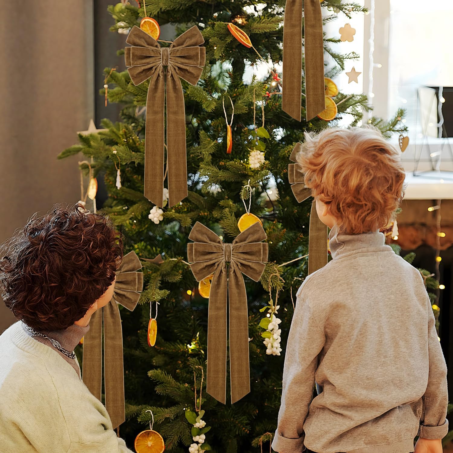 Velvet Bows for Christmas Tree Decoration, 6.5 x 14 Inch, Holiday Ornaments, Gift Wrapping, Wreath, Garland, Staircase, Swag, Fireplace Decor (4 Pieces, Brown) - Image 7