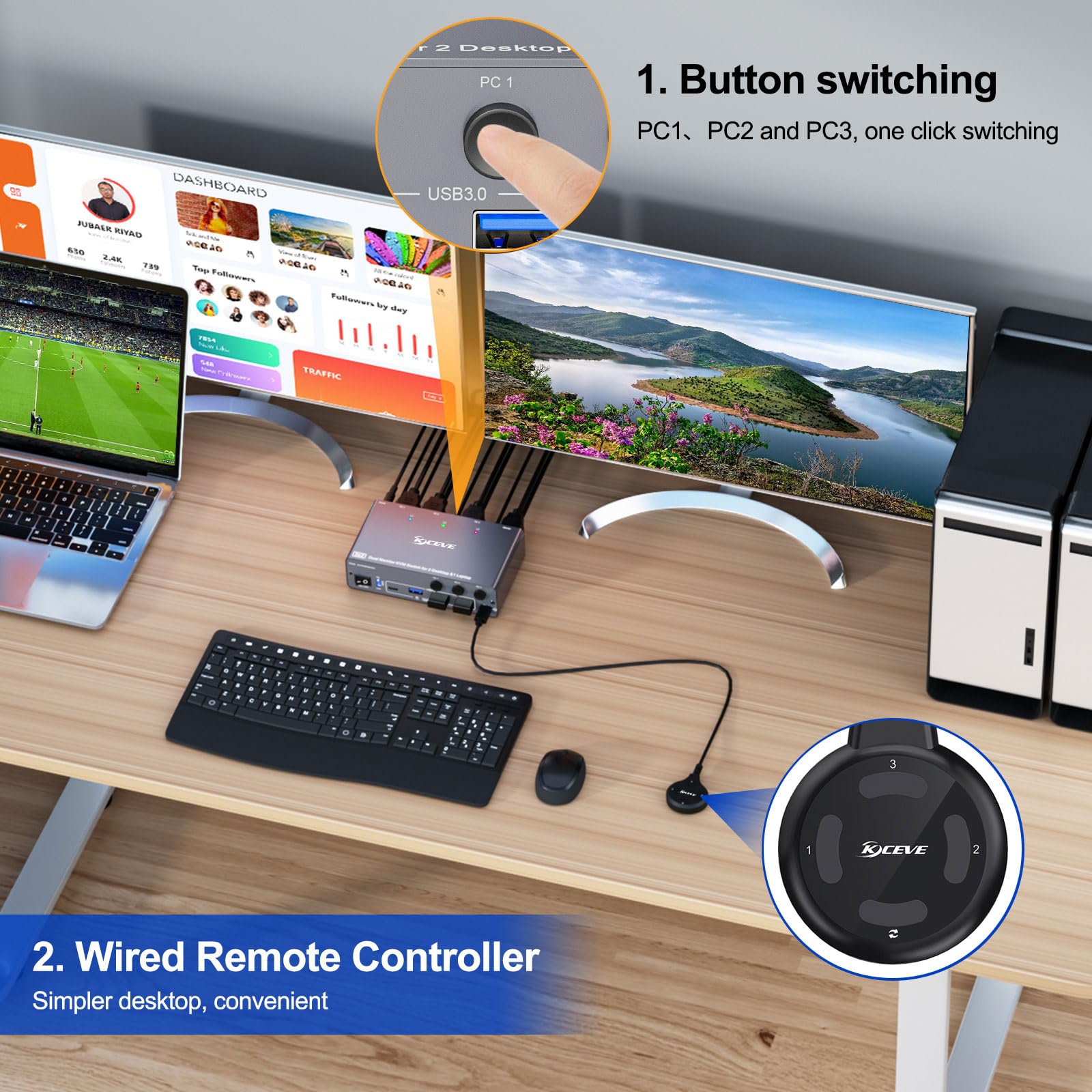 KVM Switch 3 PC 2 Moniteurs USB C HDMI DP, EDID, KVM Switch 2 Moniteurs pour 1 Laptop et 2 PC, 73W PD, USB 3.0, 4K@60Hz, Aluminum, Wired Remote(4K USB-C DP HD 3 in 2 out KVM)